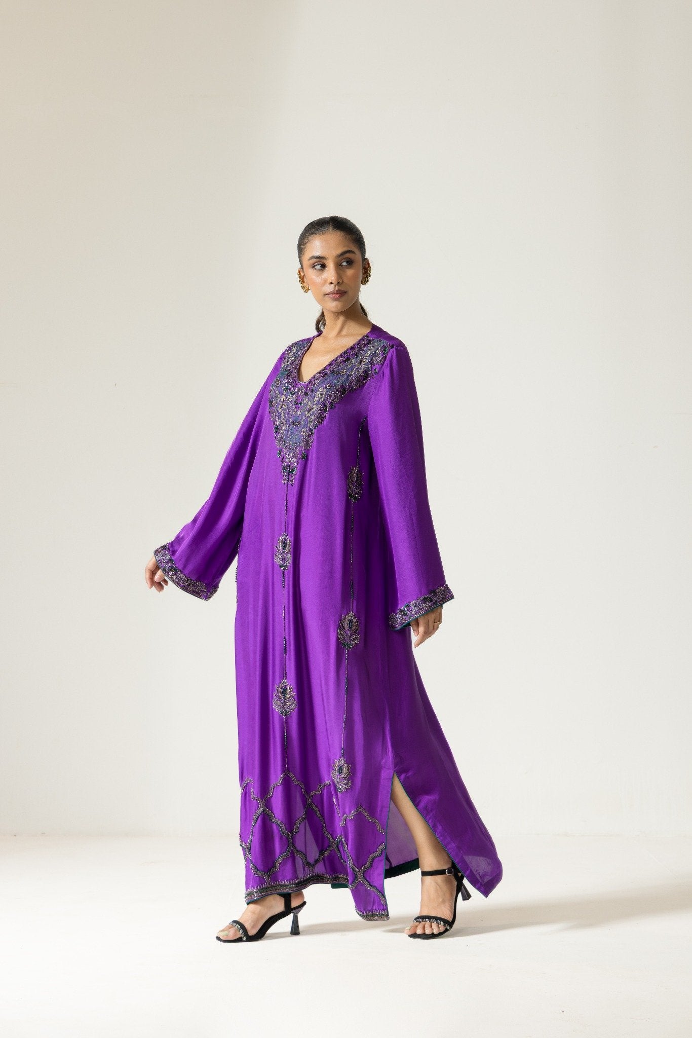 Orchid Hand Embroidered French lace Twill Silk Kaftaan