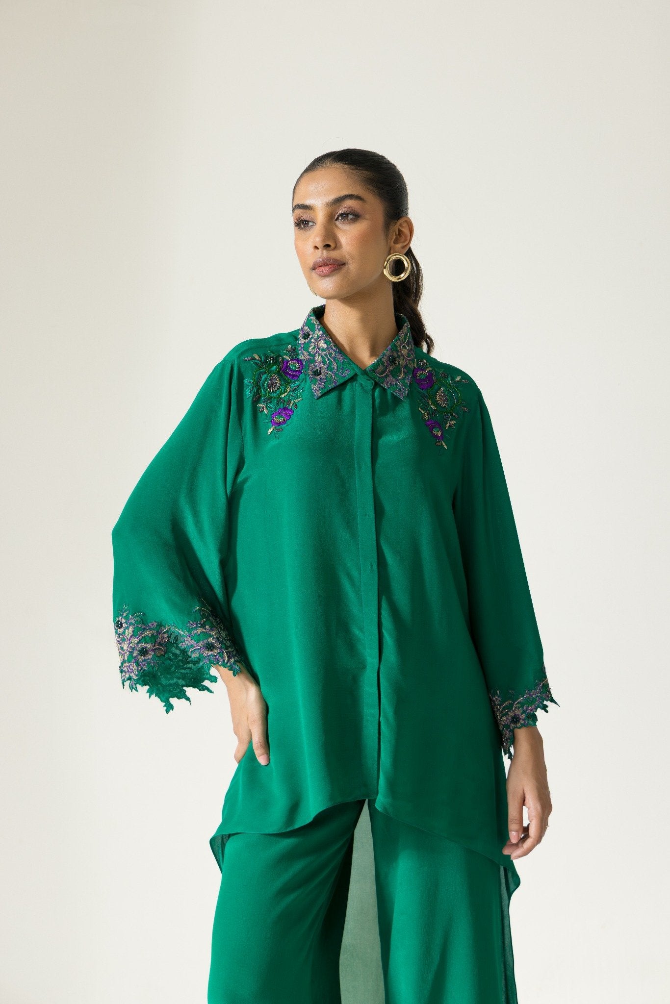Hydrangea Hand Embroidered French Lace Crepe Co-ord Set