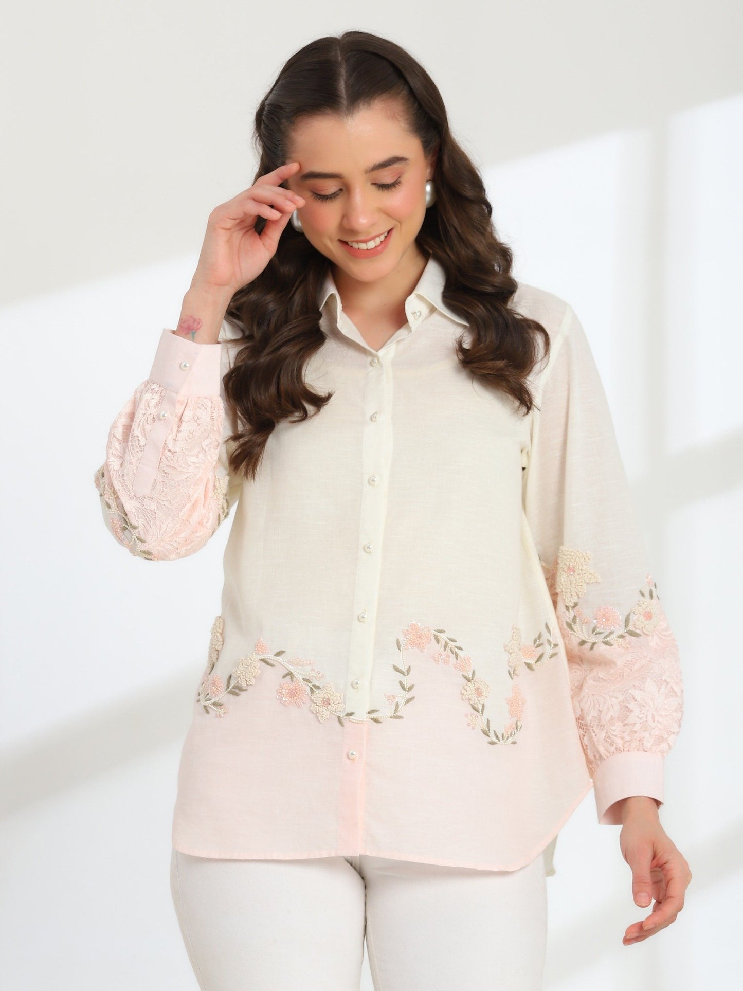 Cendre Pink Hand Embroidered French Lace Silk Linen Shirt