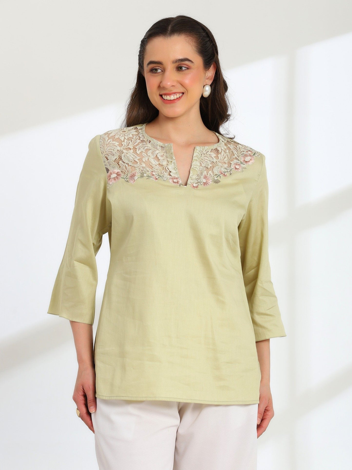 Jade Blossom Embroidered French Lace Cotton Shirt