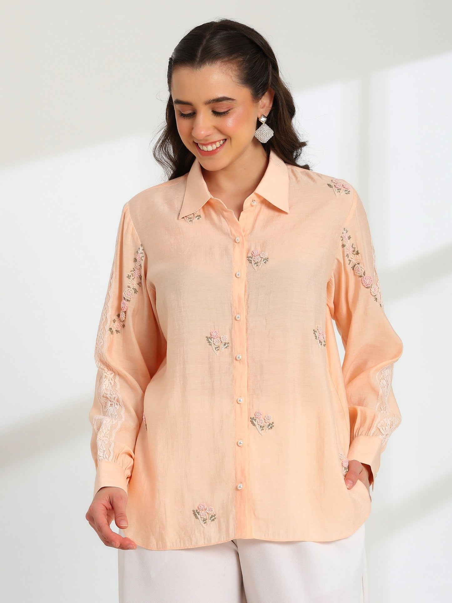 Hand Embroidered French Lace Silk Cotton Shirt