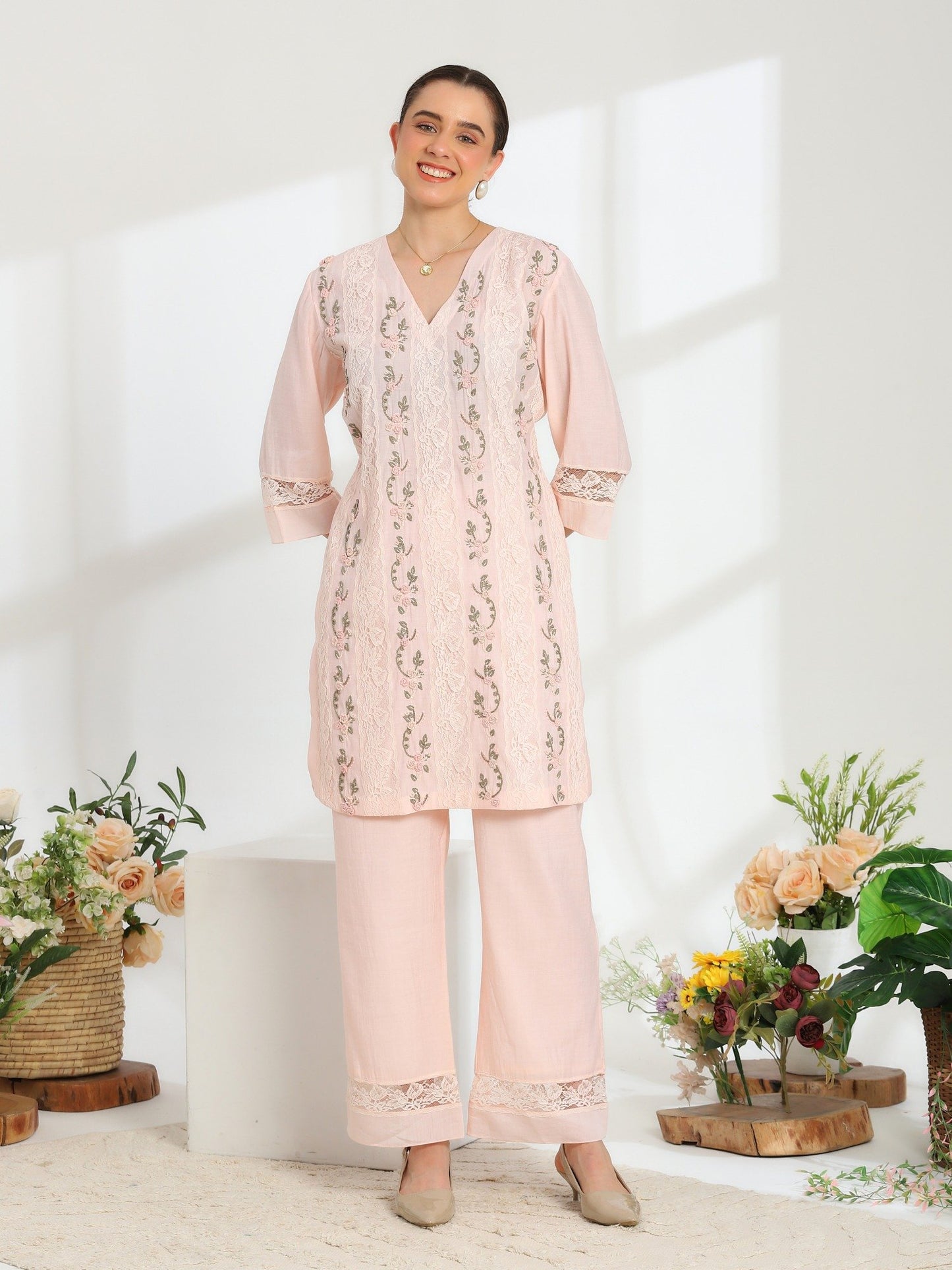 Rosella Bloom Hand Embroidered French lace Cotton Silk Kurta Set