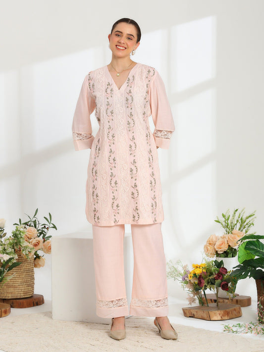 Rosella Bloom Hand Embroidered French lace Cotton Silk Kurta Set