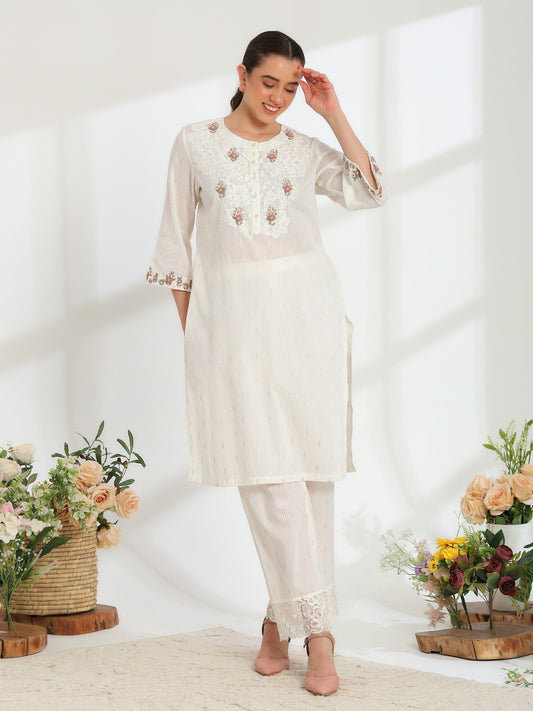 Lumiere Ivory Hand Embroidered French Lace Cotton Dobby Kurta Set