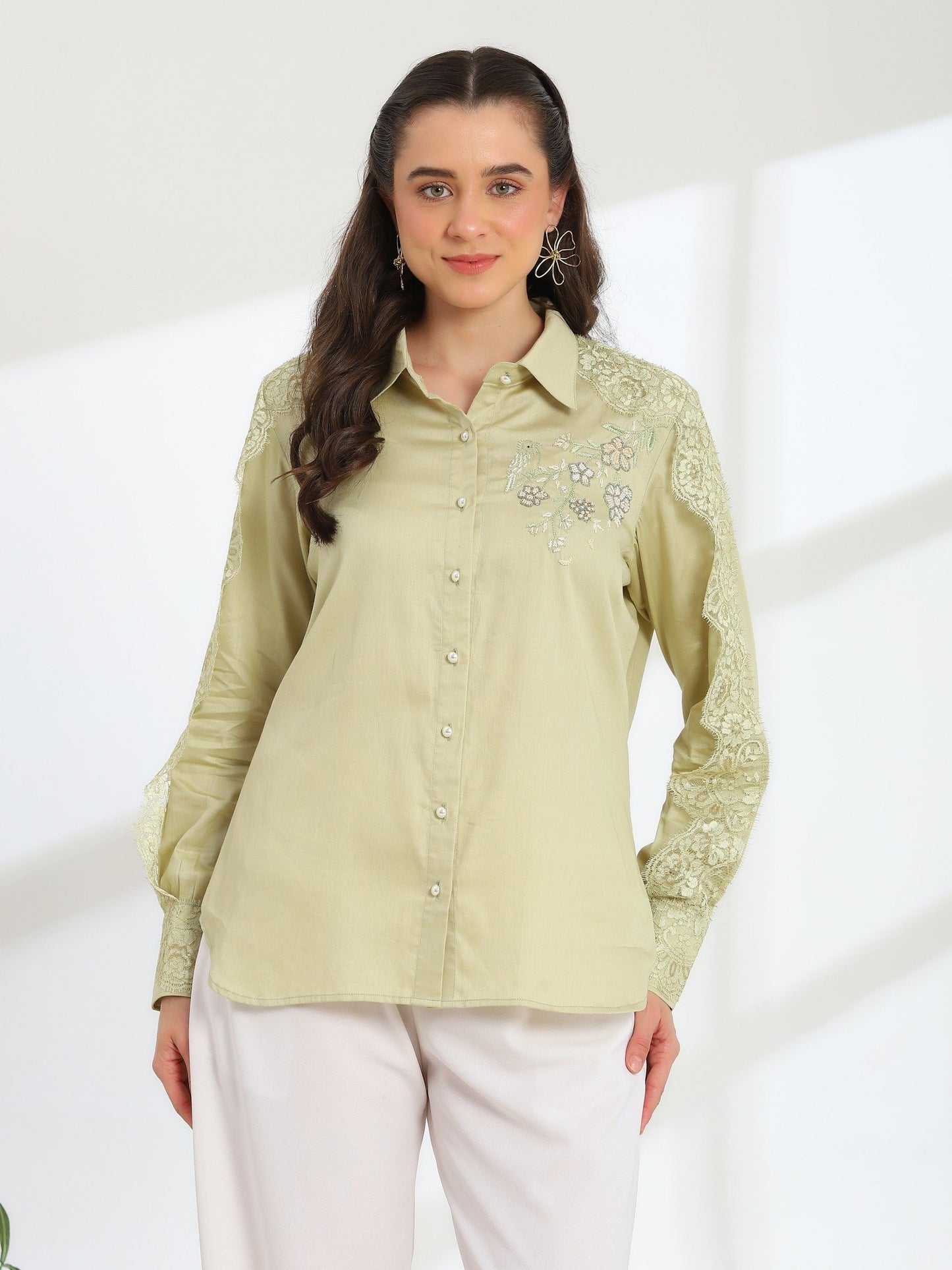 Soft Fern Hand Embroidered French lace Glazed Cotton Shirt
