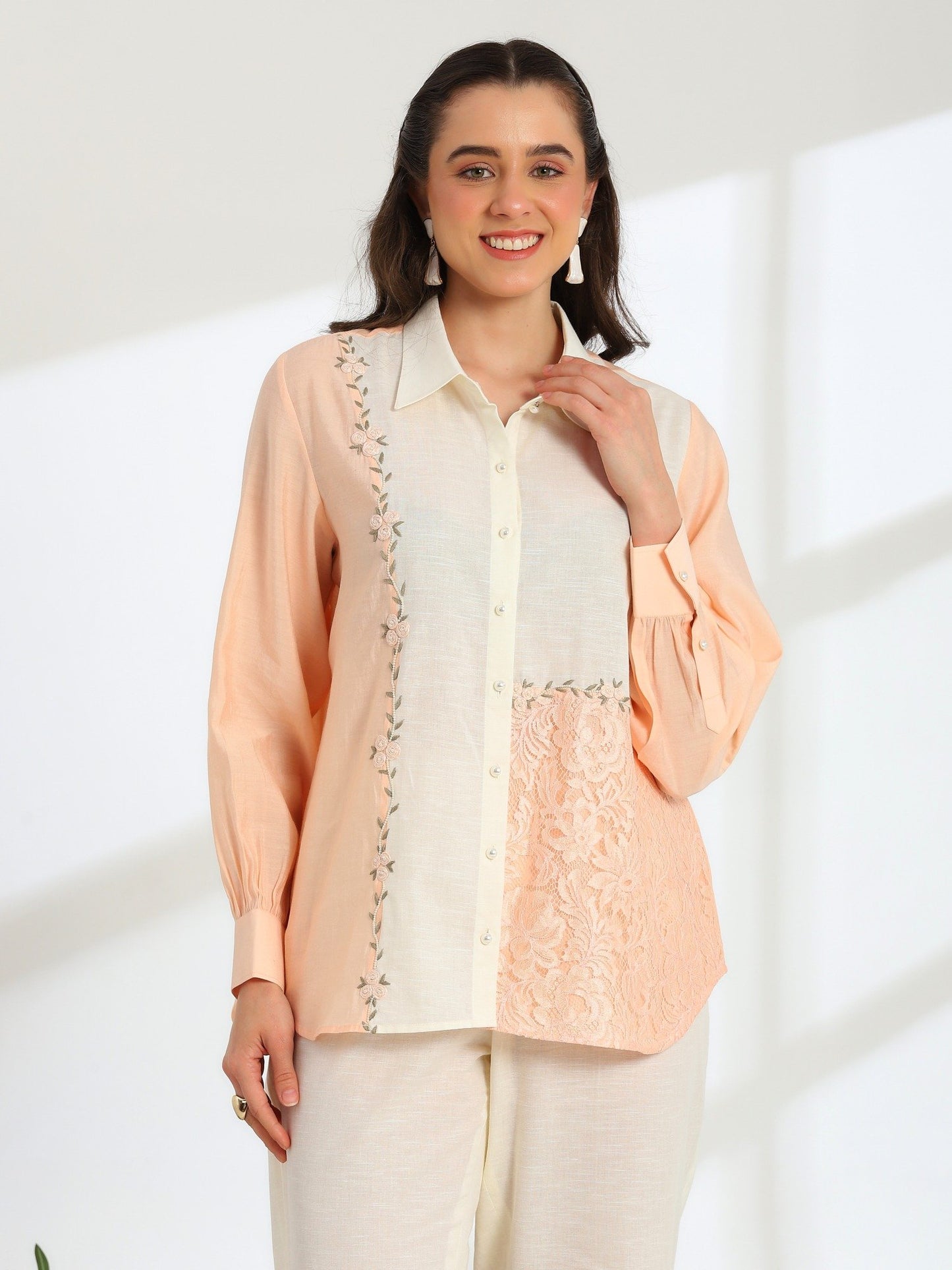Floréa Peach Hand Embroidered French lace Silk Linen Shirt