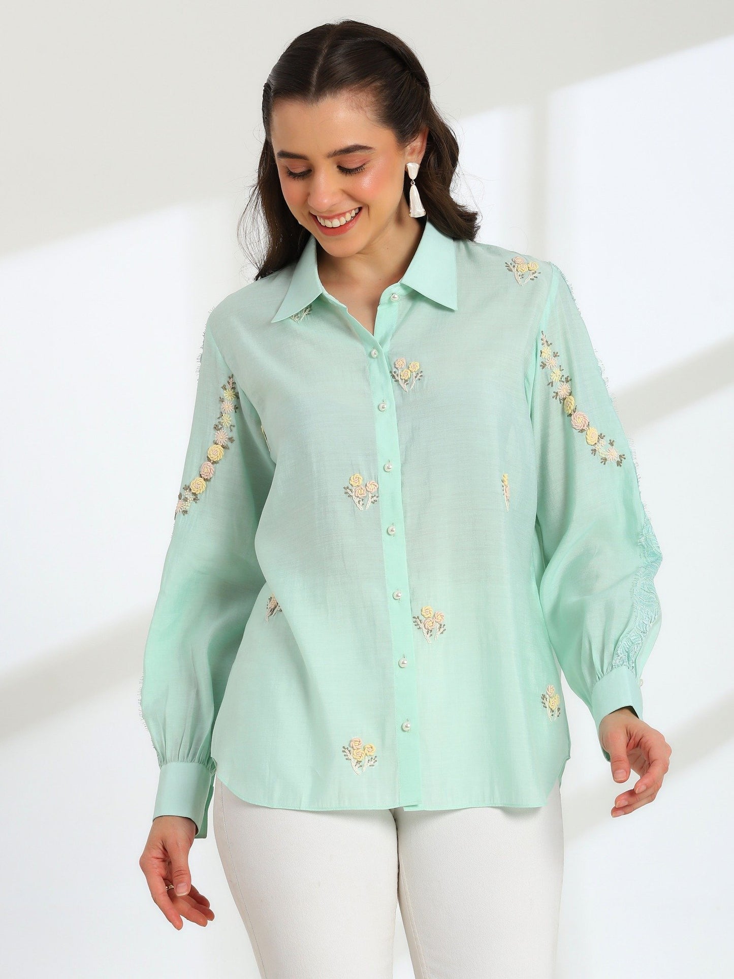 Hand Embroidered French Lace Silk Cotton Shirt