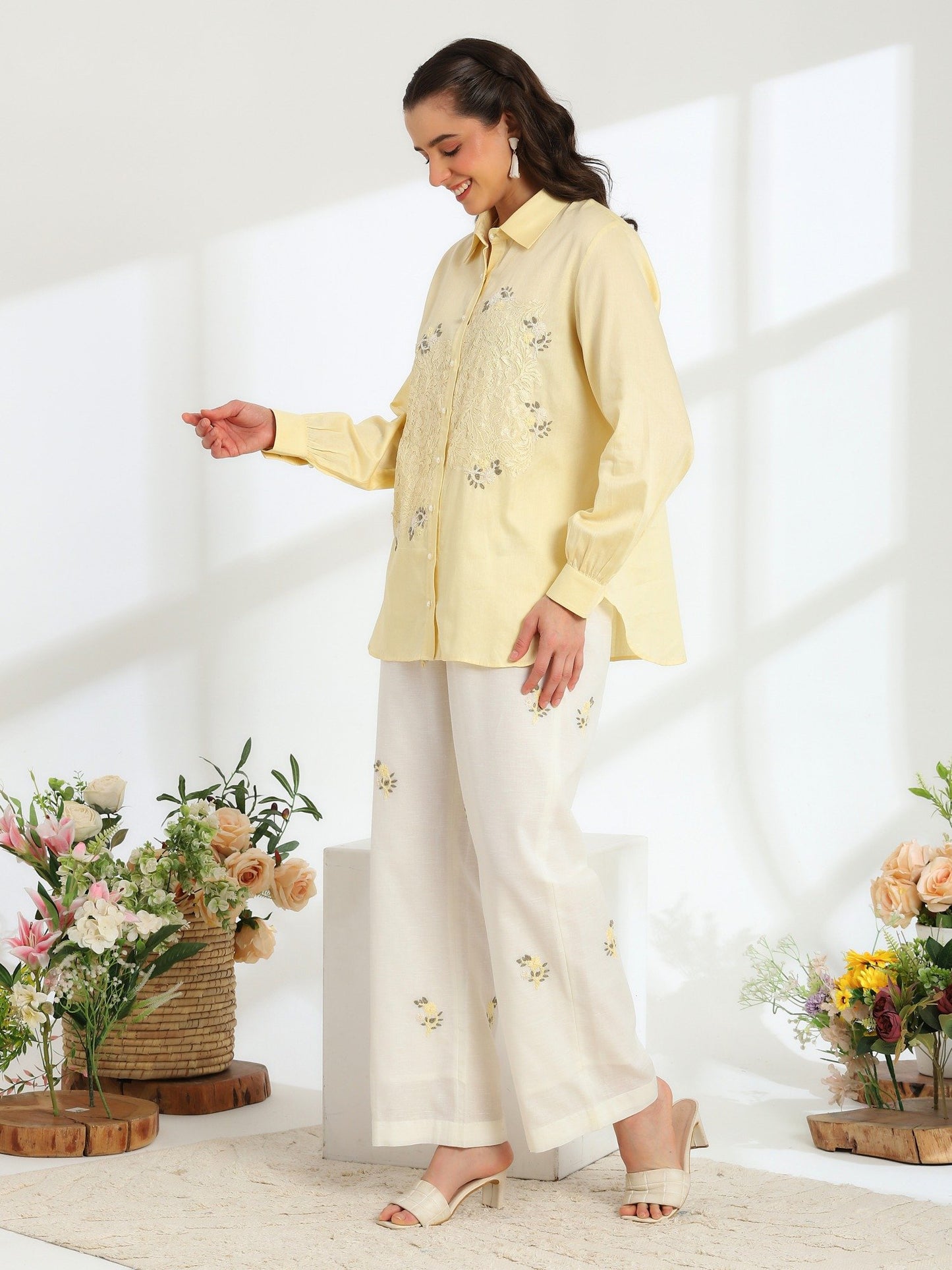 Hand Embroidered French lace Linen Cotton Co-ord set
