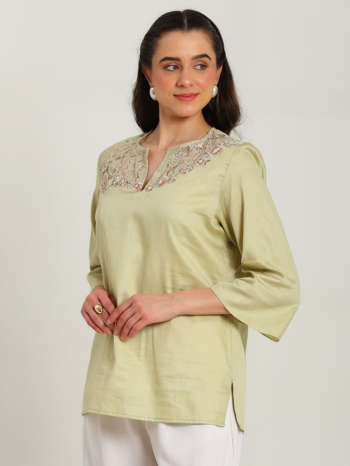 Jade Blossom Embroidered French Lace Cotton Shirt