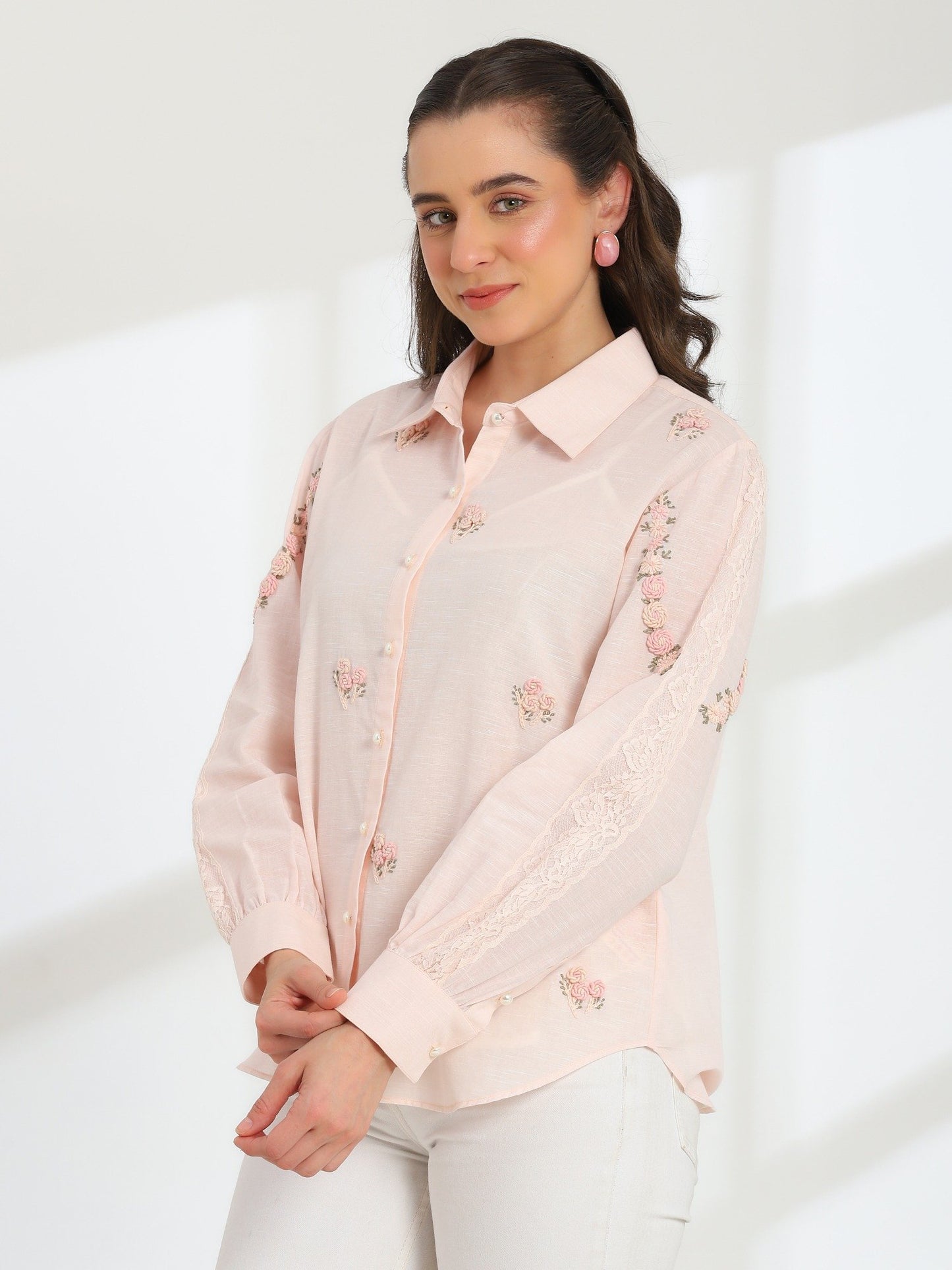 Hand Embroidered French Lace Silk Cotton Shirt