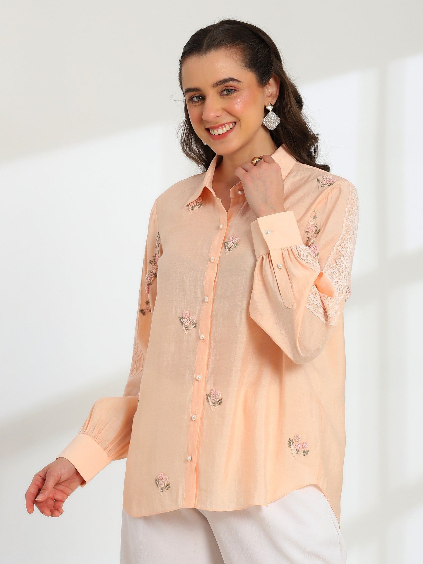 Hand Embroidered French Lace Silk Cotton Shirt