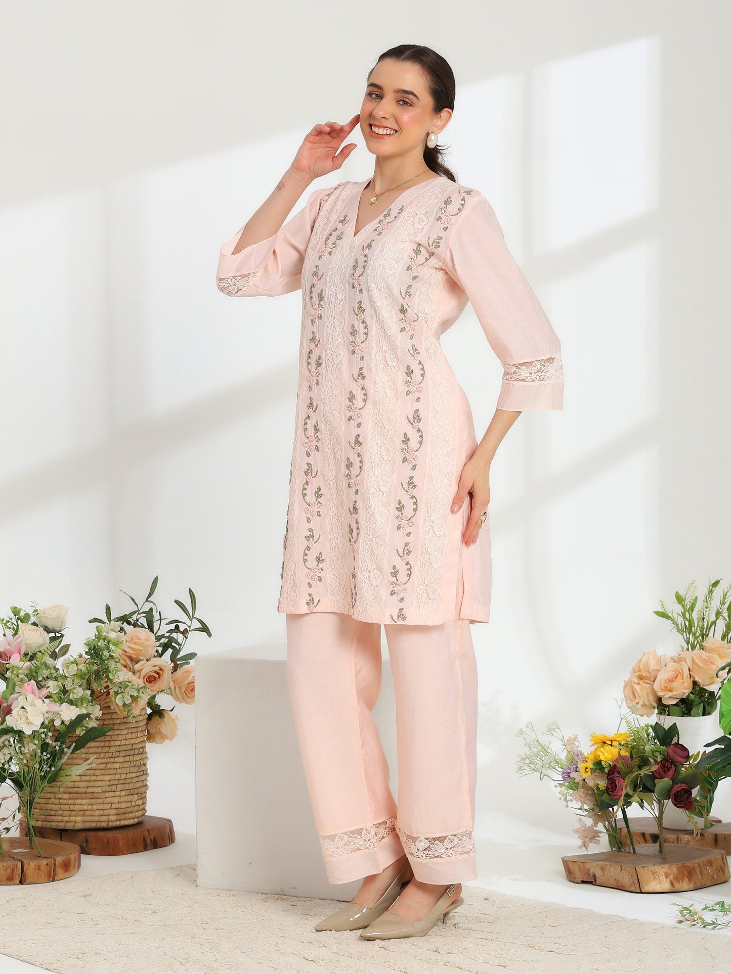 Rosella Bloom Hand Embroidered French lace Cotton Silk Kurta Set
