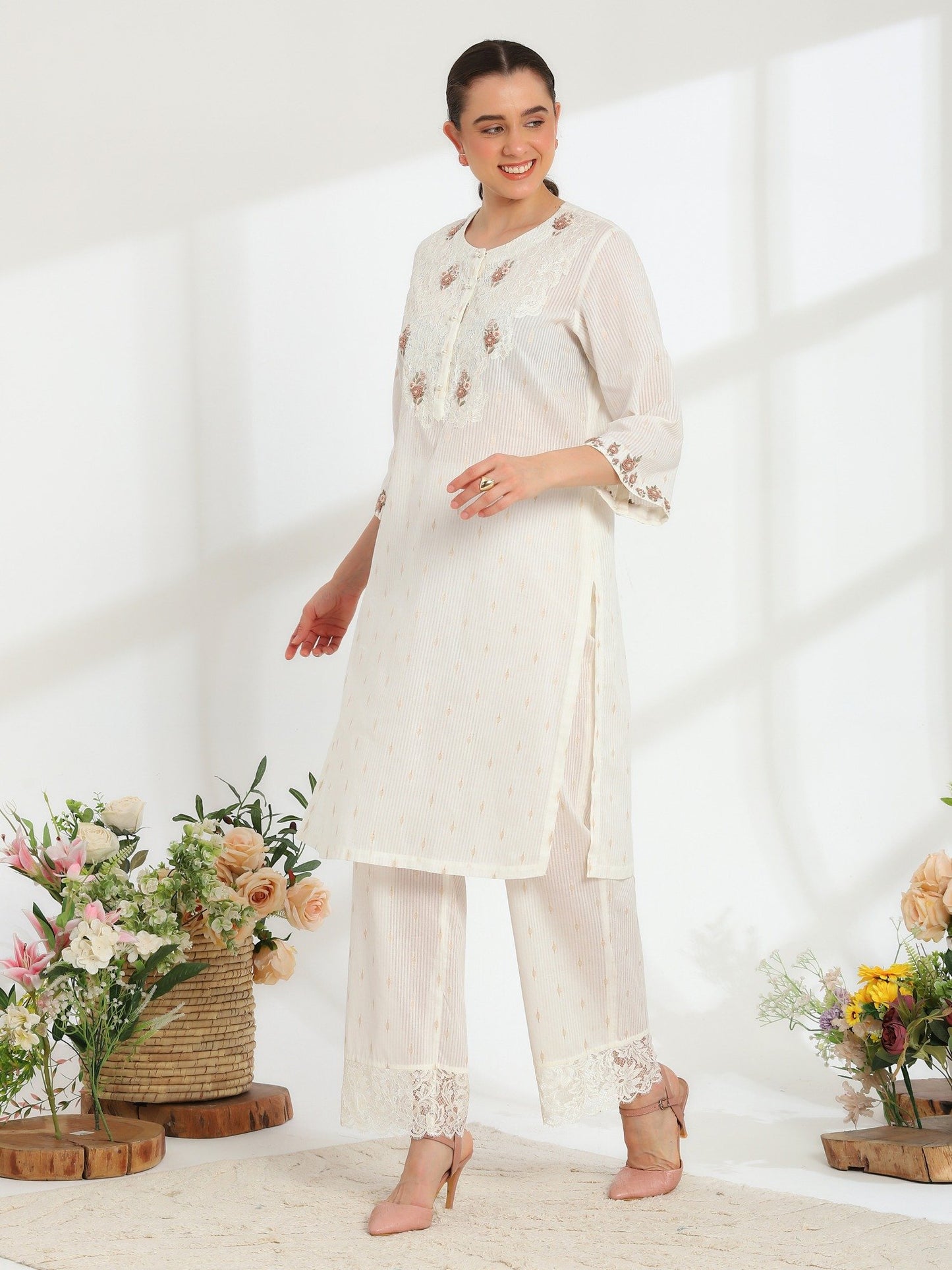 Lumiere Ivory Hand Embroidered French Lace Cotton Dobby Kurta Set