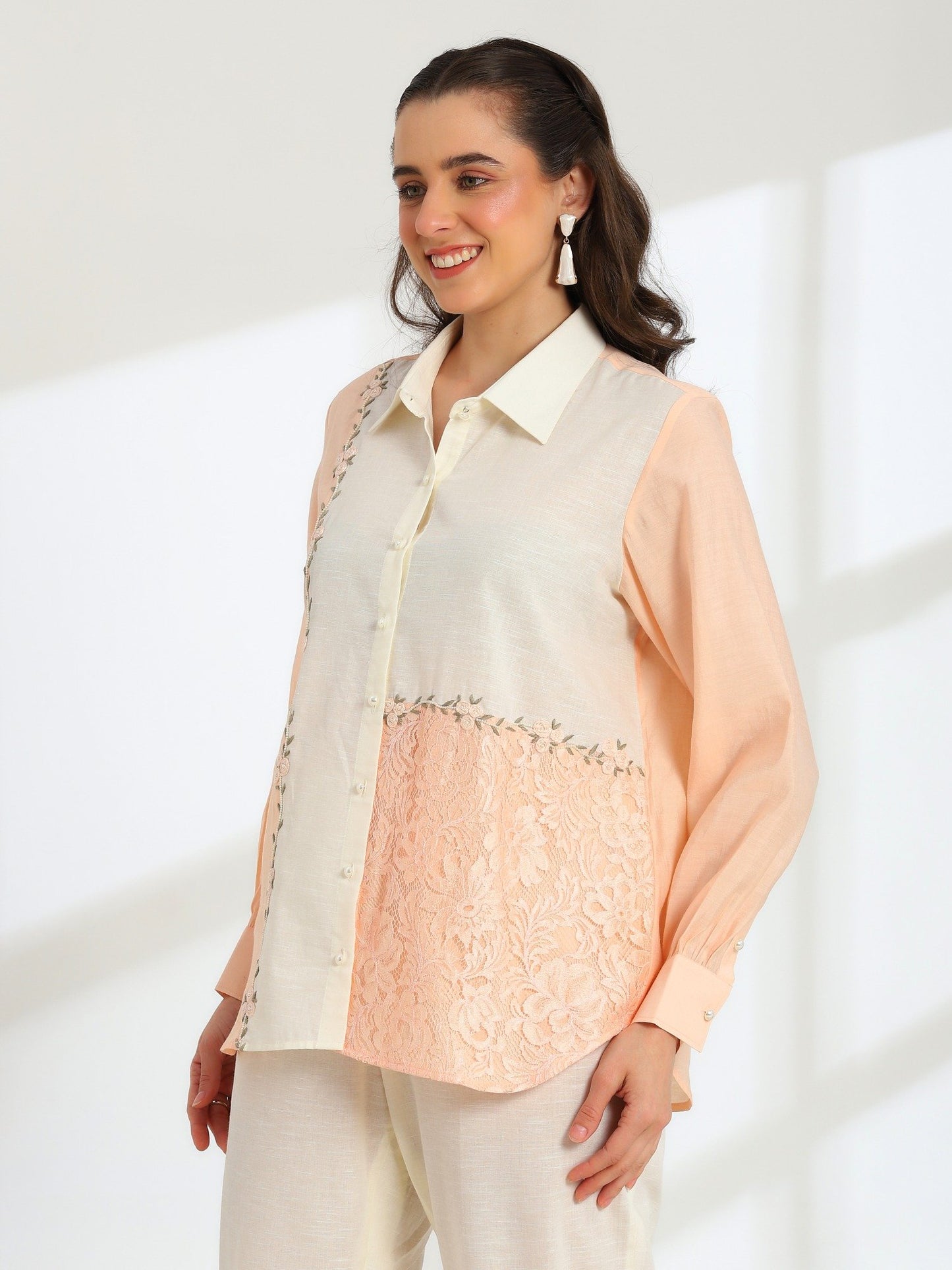 Floréa Peach Hand Embroidered French lace Silk Linen Shirt