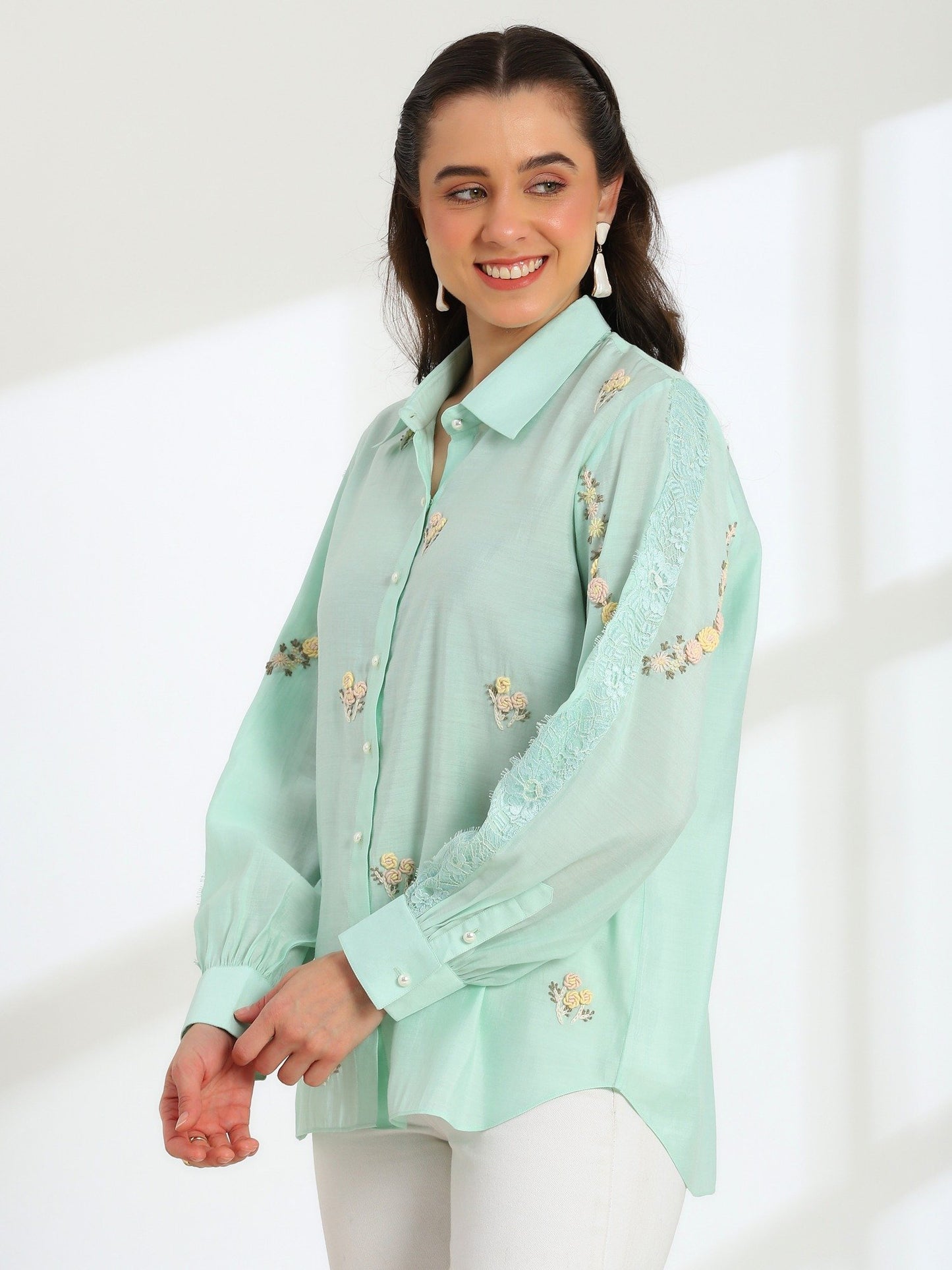 Hand Embroidered French Lace Silk Cotton Shirt