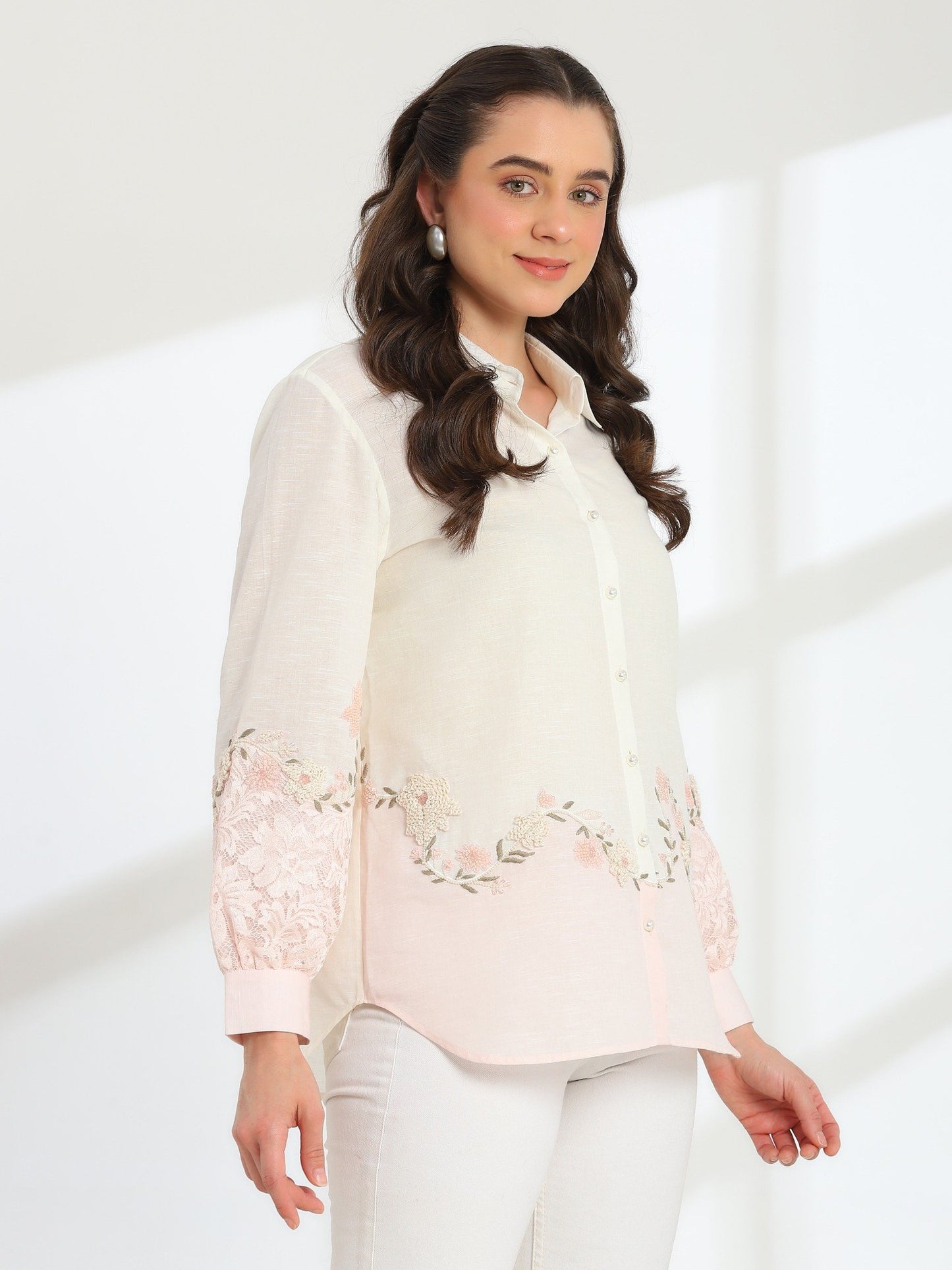 Cendre Pink Hand Embroidered French Lace Silk Linen Shirt