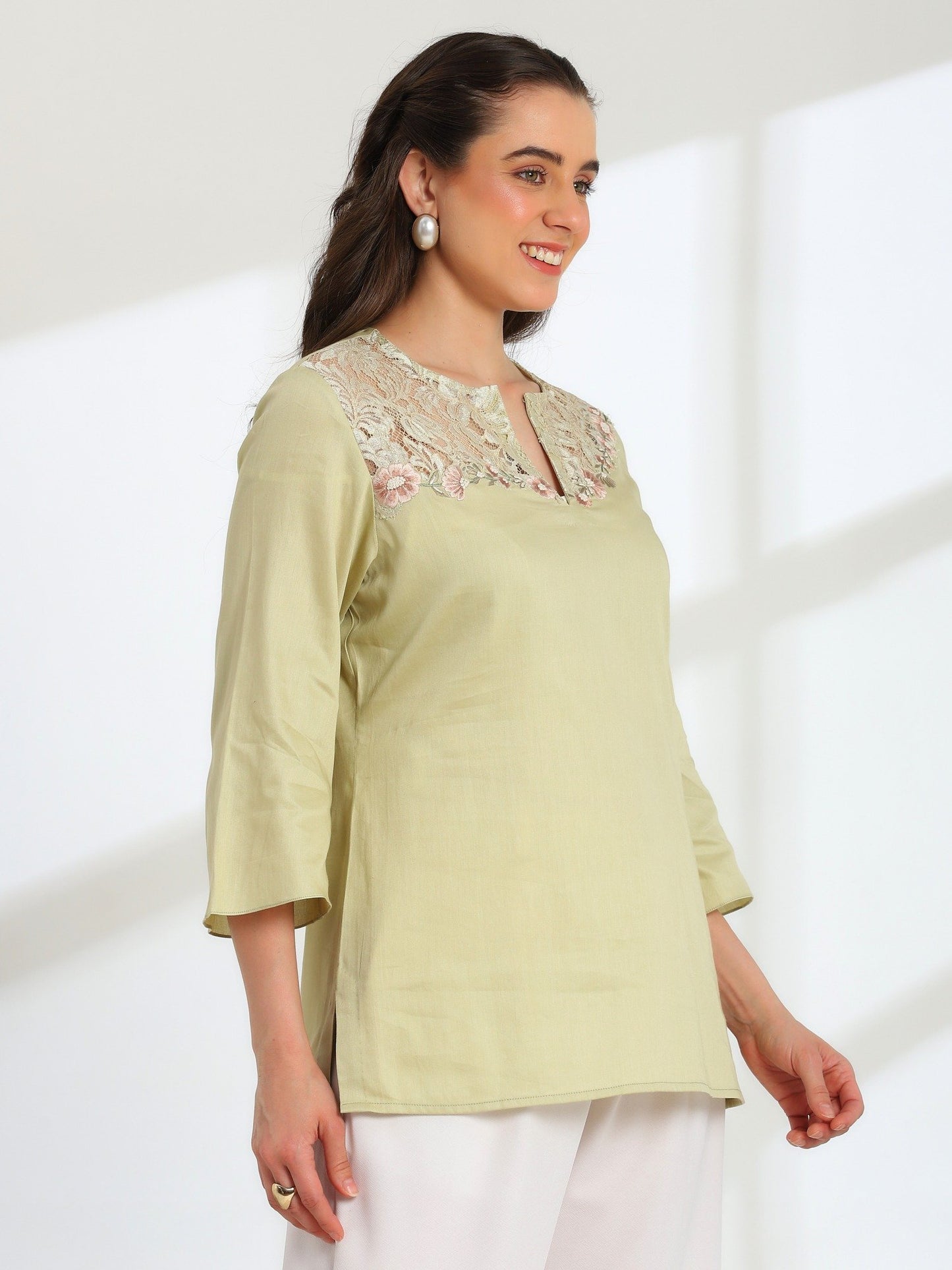 Jade Blossom Embroidered French Lace Cotton Shirt