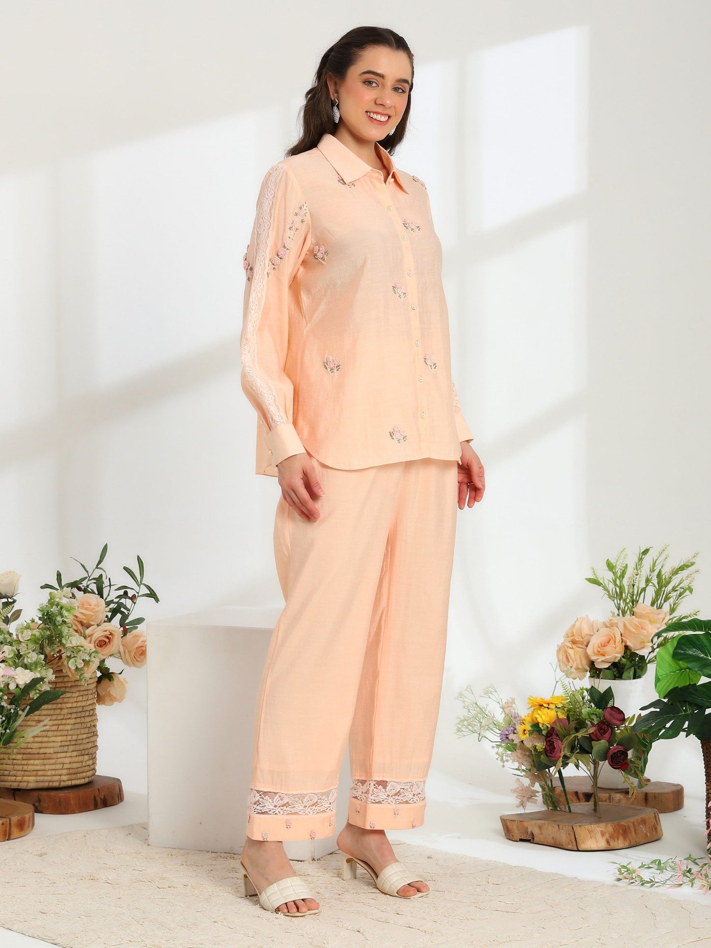 Spring Peach Hand Embroidered French Lace Silk Co-ord Set