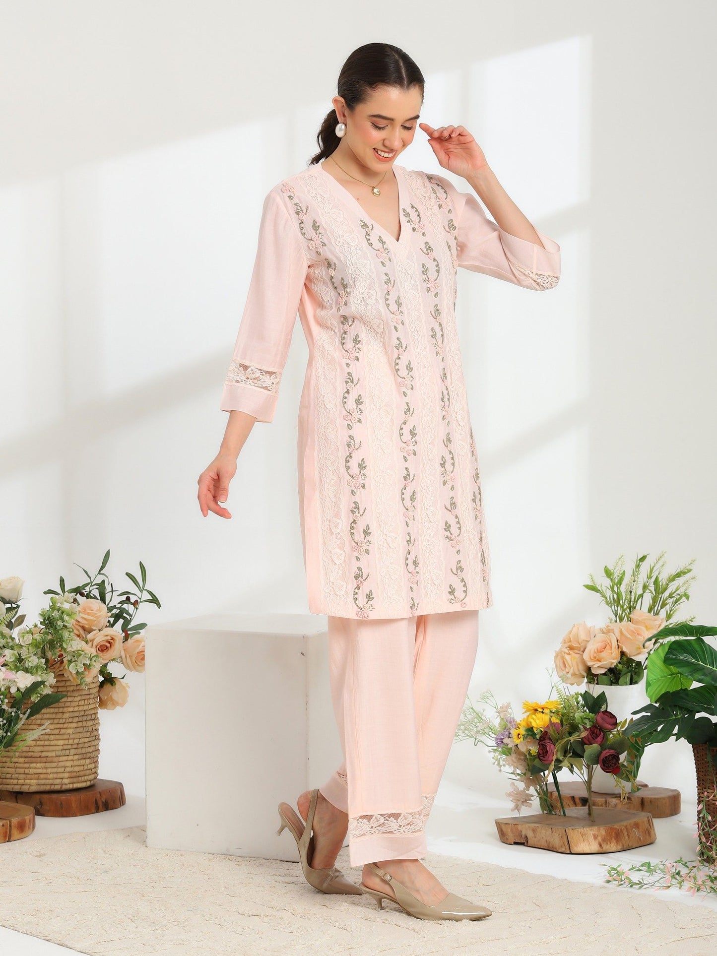 Rosella Bloom Hand Embroidered French lace Cotton Silk Kurta Set