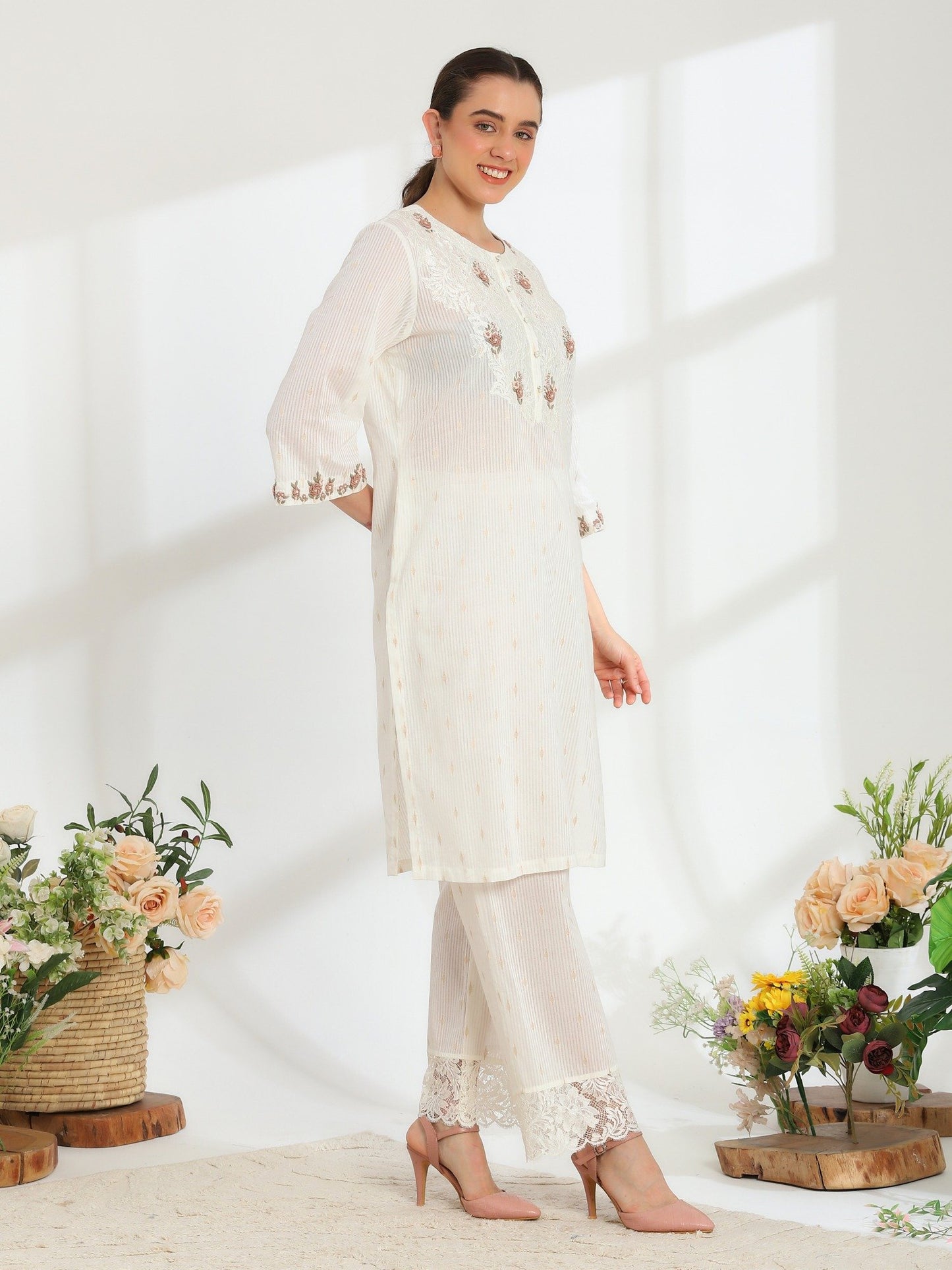 Lumiere Ivory Hand Embroidered French Lace Cotton Dobby Kurta Set