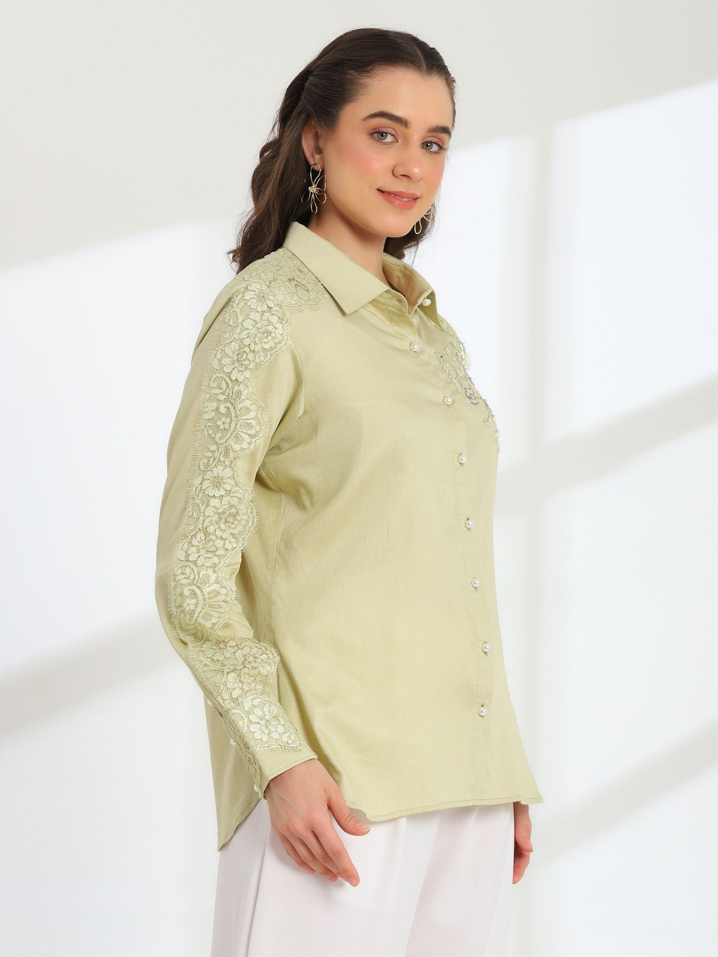 Soft Fern Hand Embroidered French lace Glazed Cotton Shirt