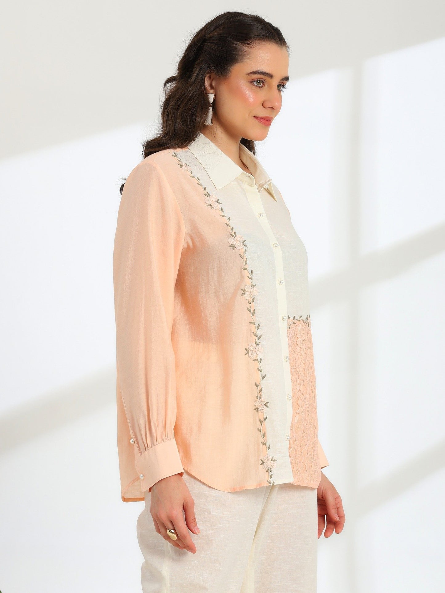Floréa Peach Hand Embroidered French lace Silk Linen Shirt