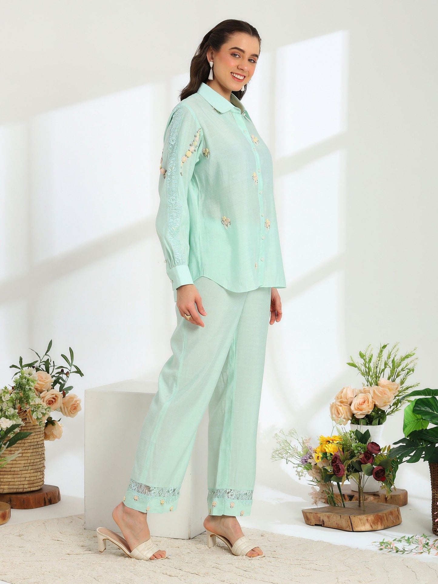 Spring Mint Hand Embroidered French Lace Silk Cotton Co-ord Set