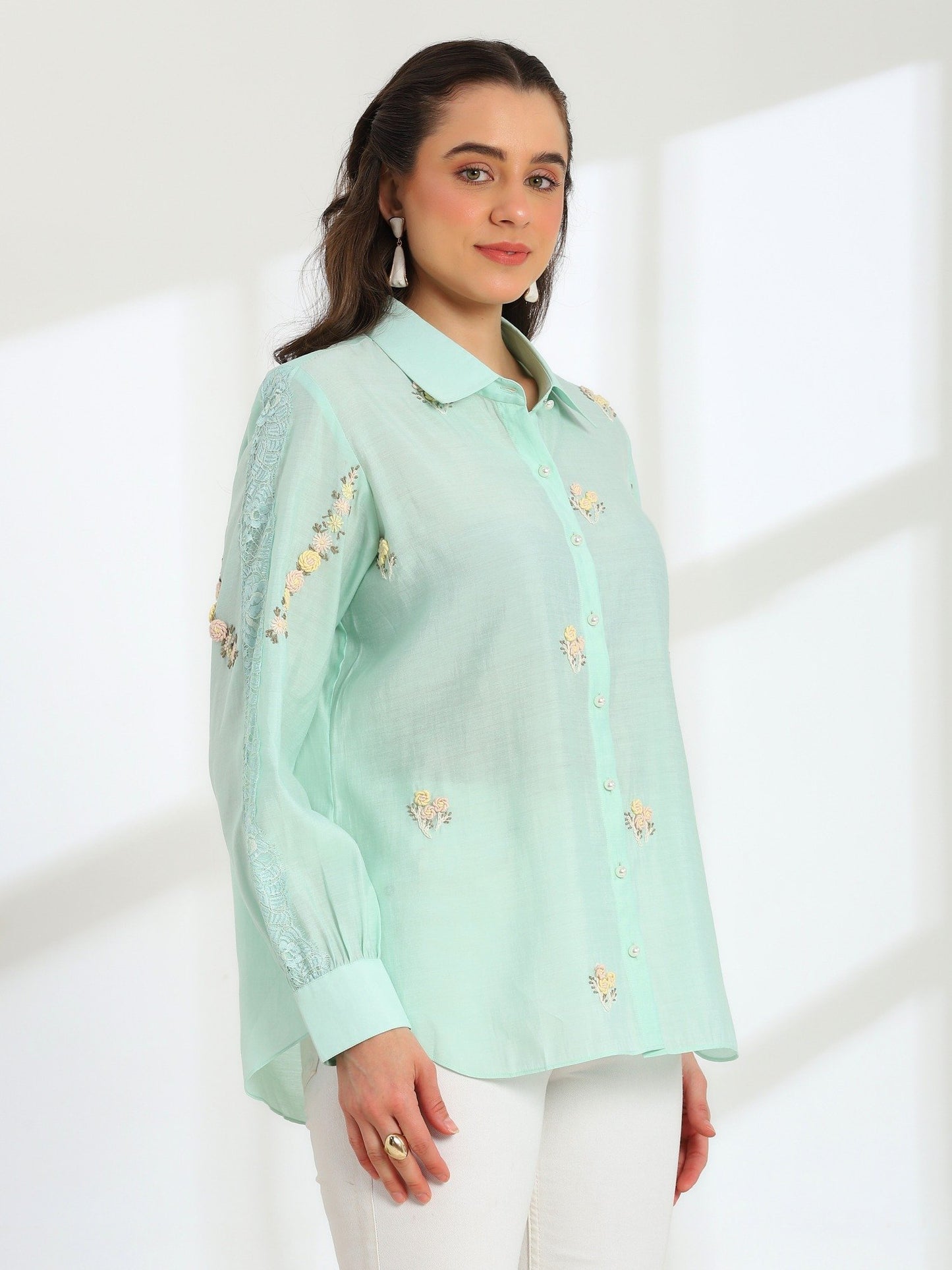 Hand Embroidered French Lace Silk Cotton Shirt
