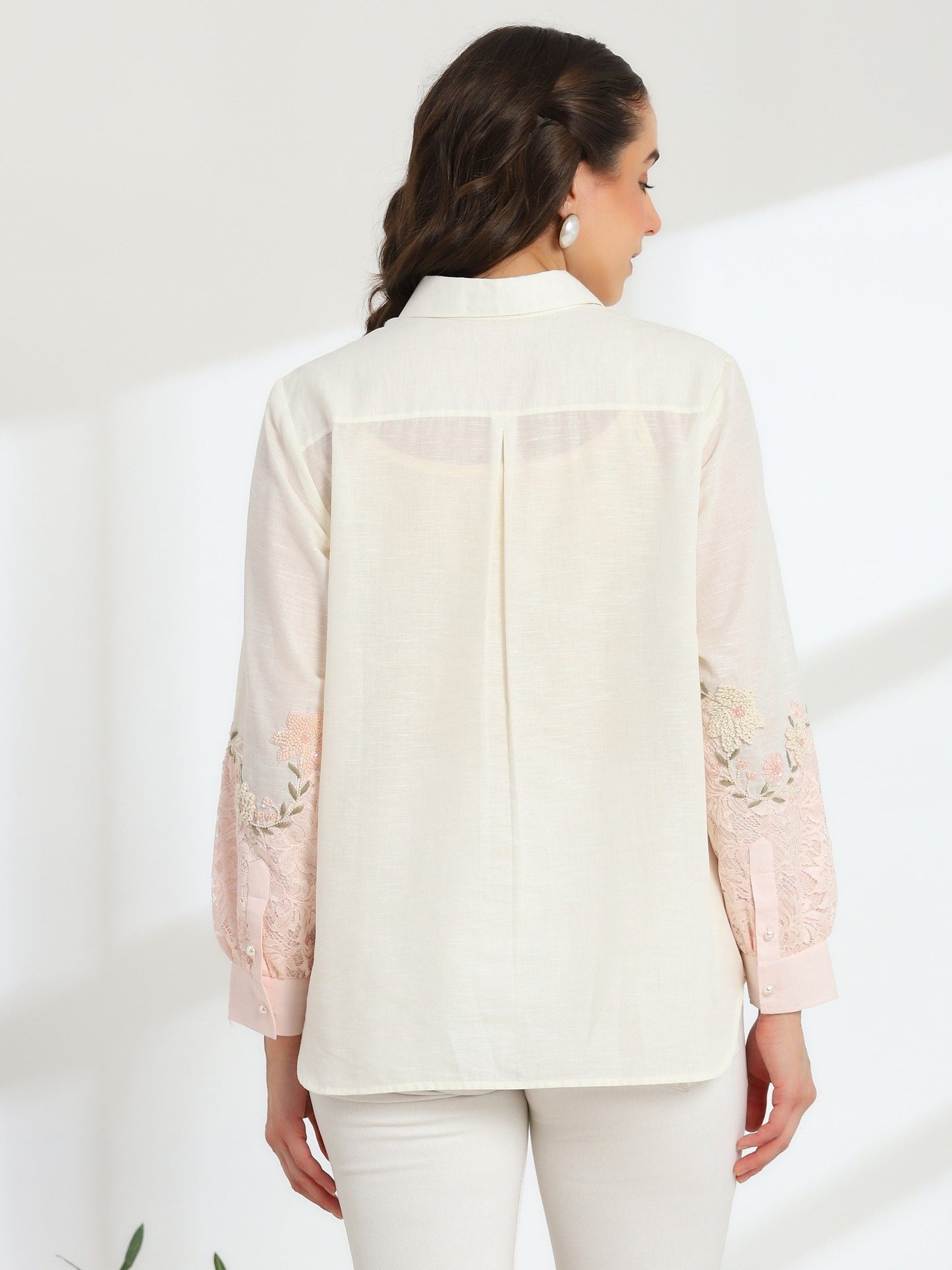 Cendre Pink Hand Embroidered French Lace Silk Linen Shirt
