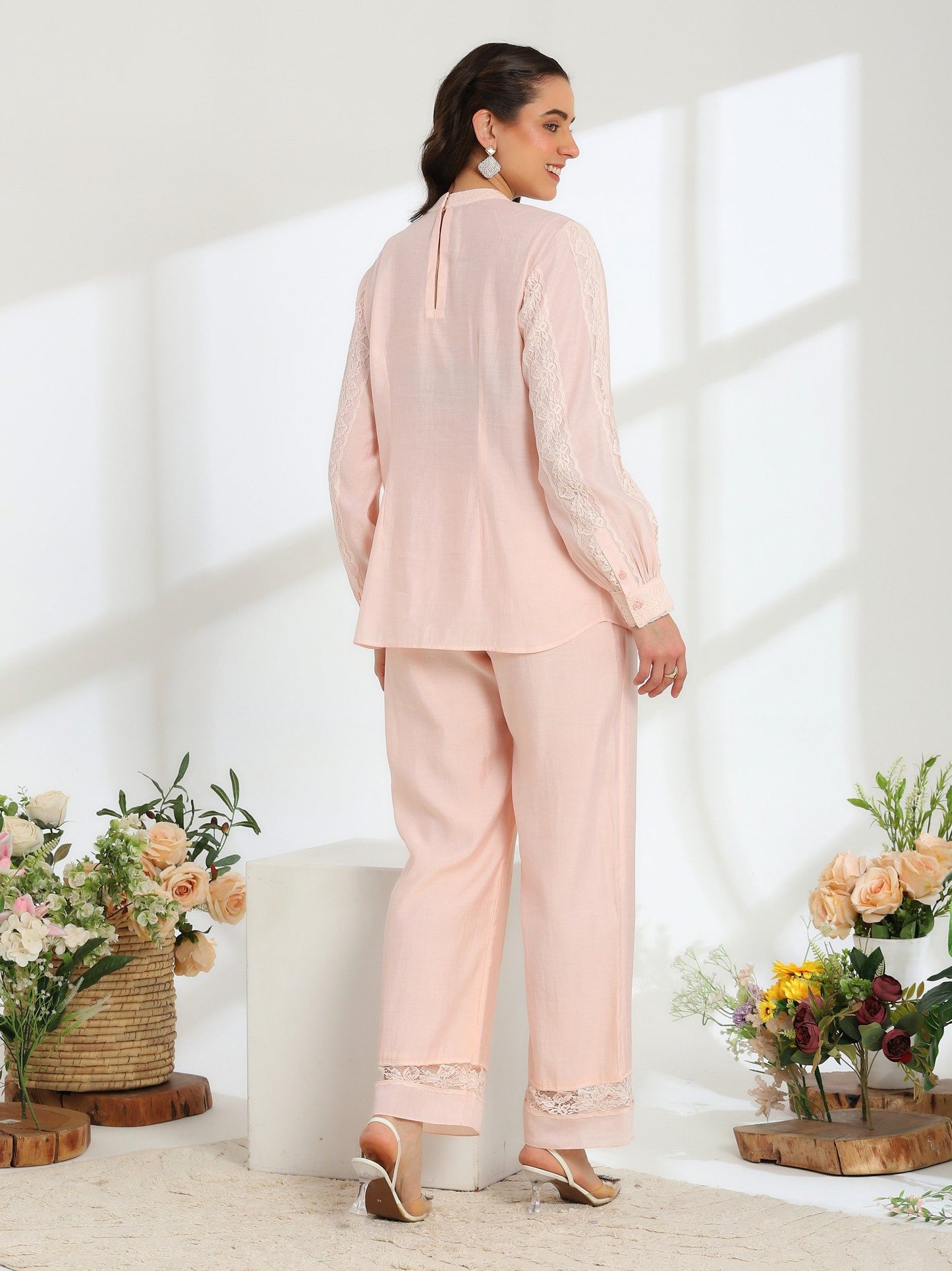 Elan Pink  Hand Embroidered French Lace Silk Cotton Co-ord Set