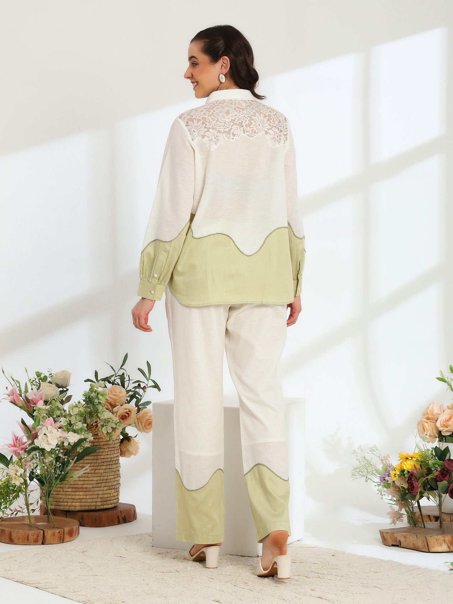 Ether Sage Green Embroidered French Lace Silk Linen Co-ord Set