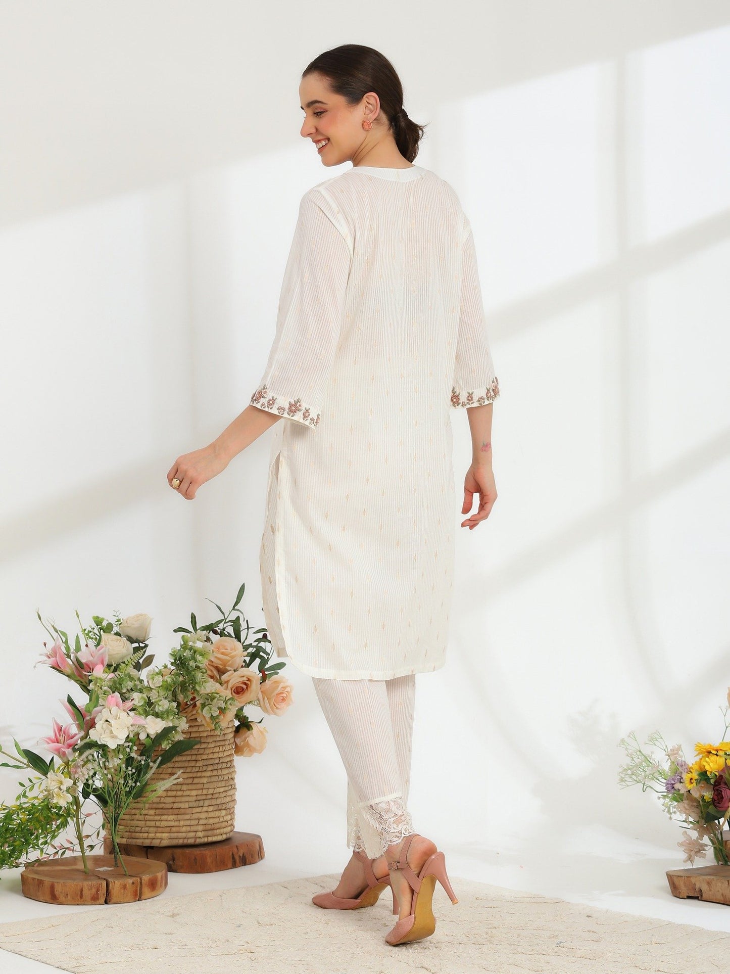 Lumiere Ivory Hand Embroidered French Lace Cotton Dobby Kurta Set