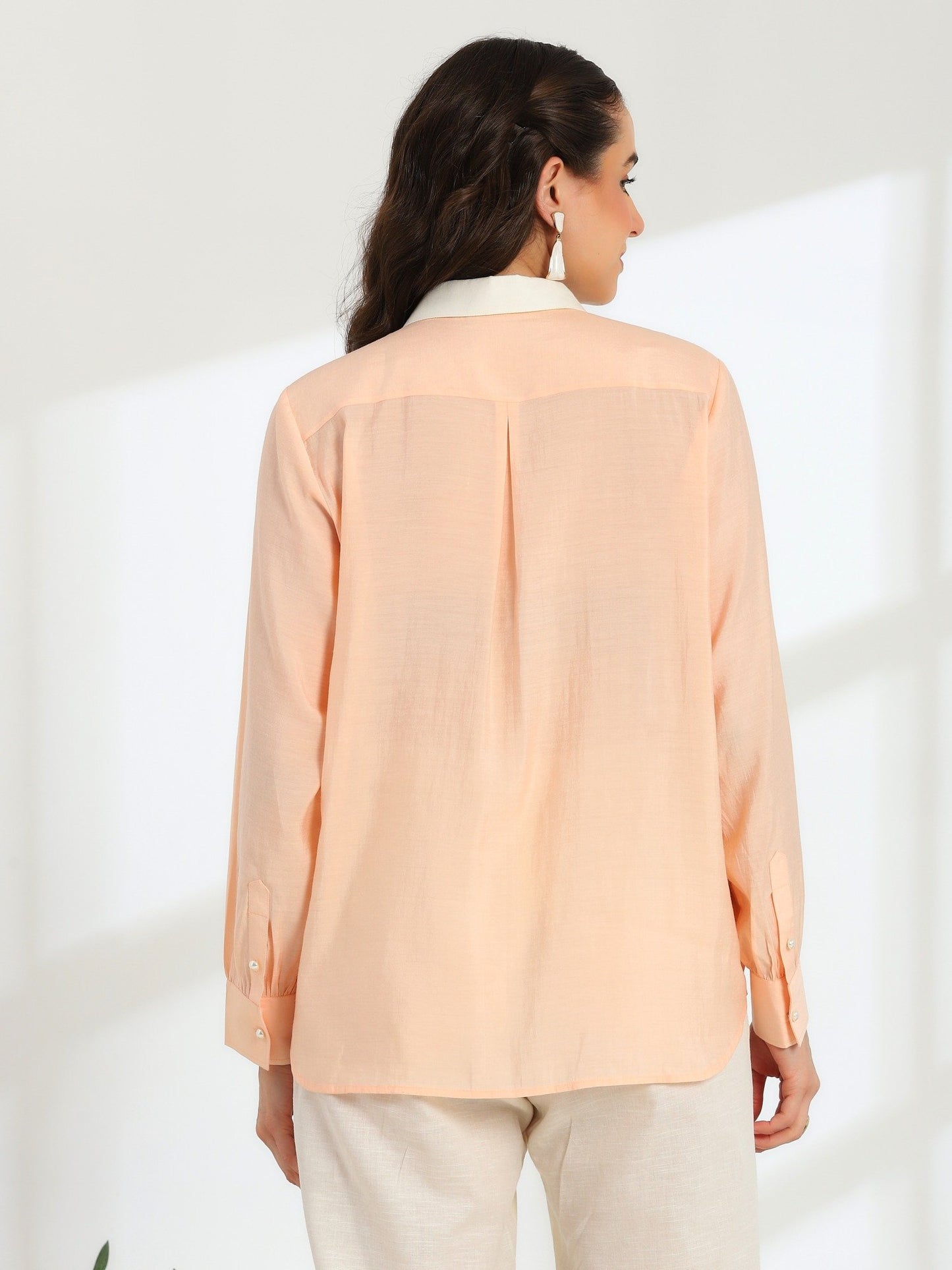 Floréa Peach Hand Embroidered French lace Silk Linen Shirt