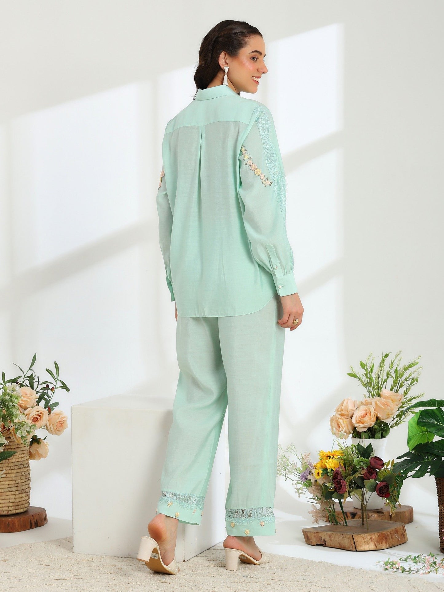 Spring Mint Hand Embroidered French Lace Silk Cotton Co-ord Set