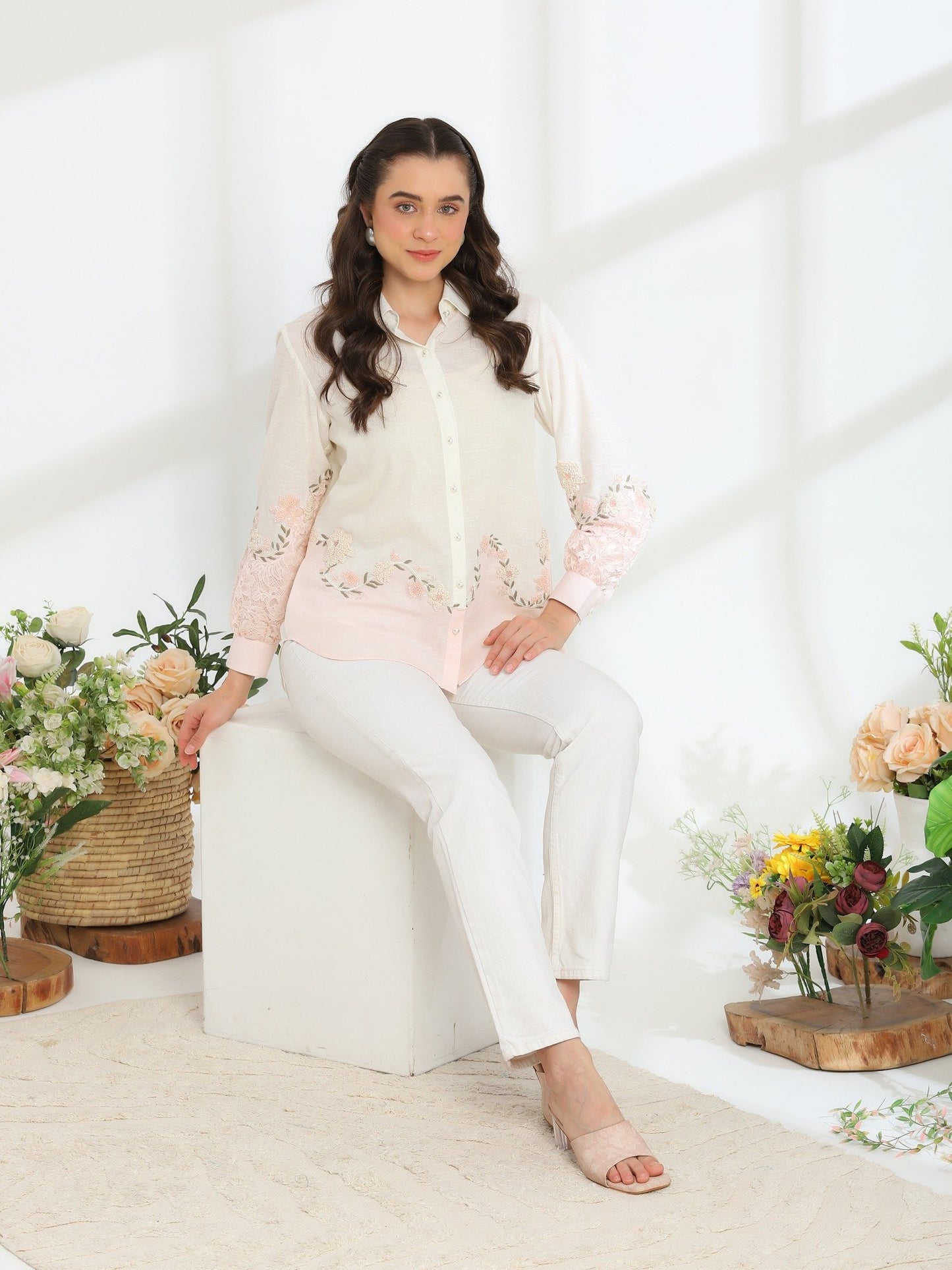 Cendre Pink Hand Embroidered French Lace Silk Linen Shirt