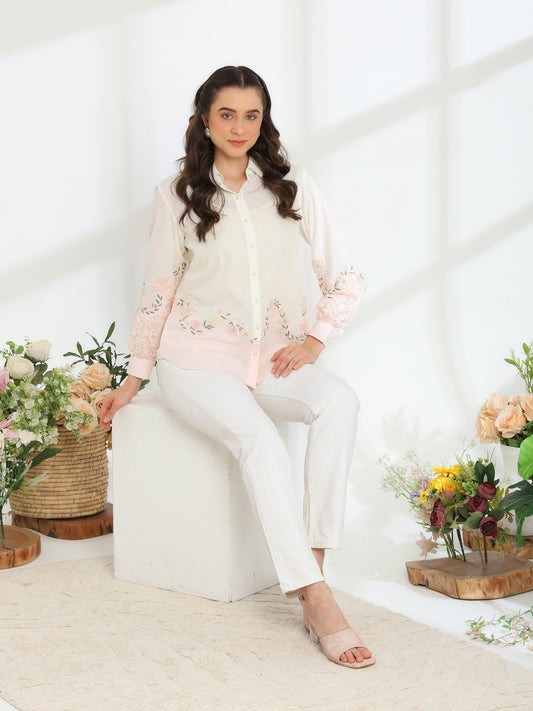 Cendre Pink Hand Embroidered French Lace Silk Linen Shirt