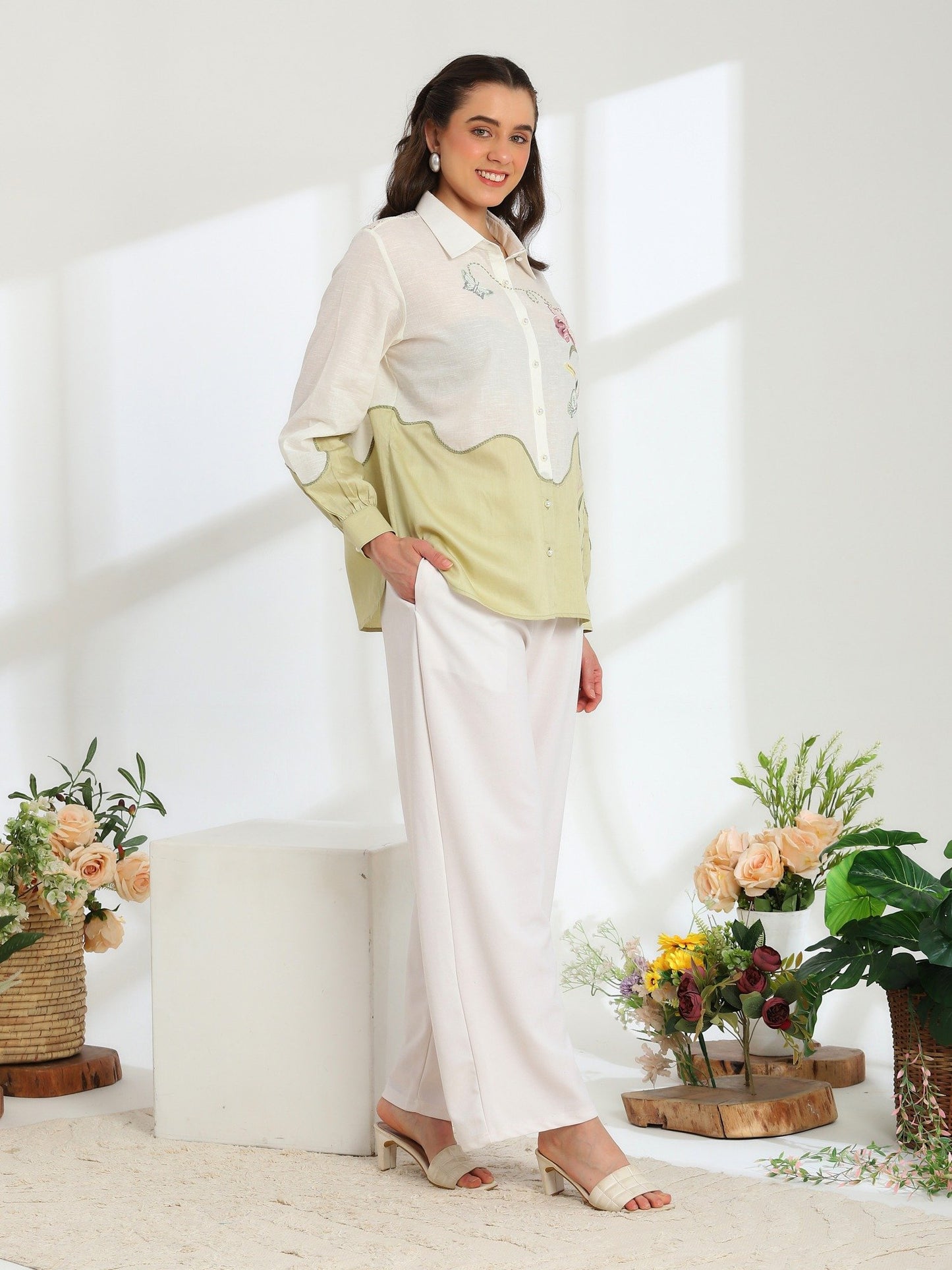 Ether Sage Green Embroidered French lace Silk Linen Shirt