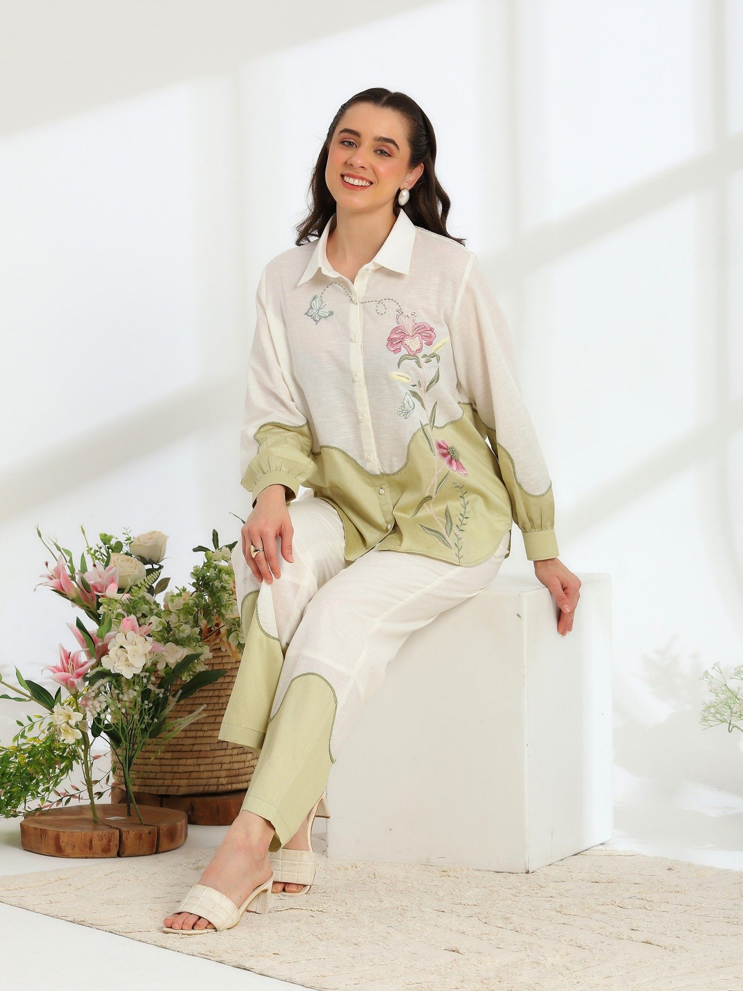 Ether Sage Green Embroidered French Lace Silk Linen Co-ord Set