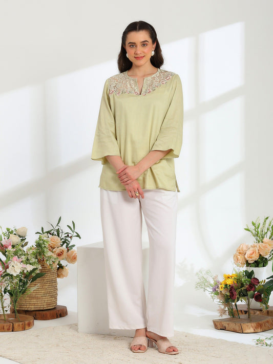 Jade Blossom Embroidered French Lace Cotton Shirt