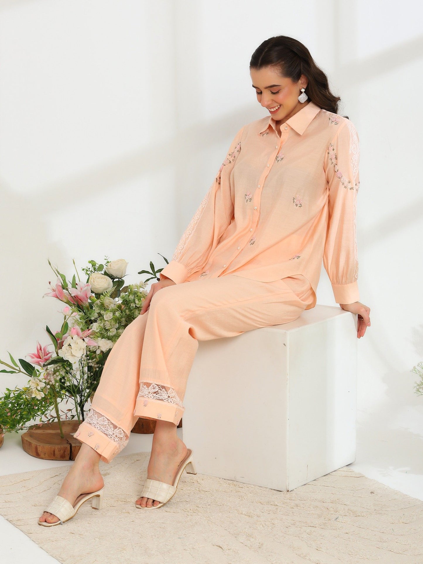 Spring Peach Hand Embroidered French Lace Silk Co-ord Set