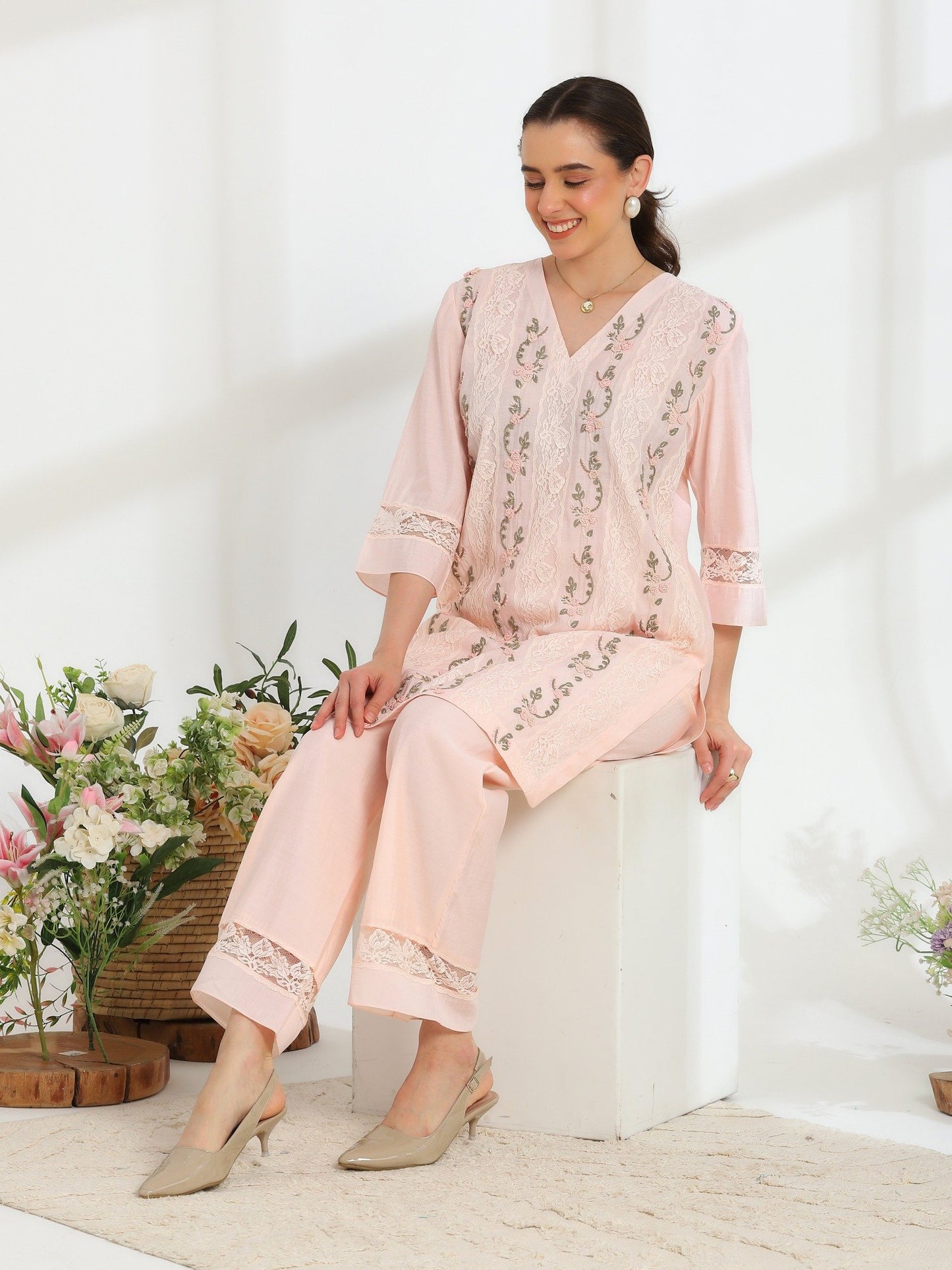 Rosella Bloom Hand Embroidered French lace Cotton Silk Kurta Set