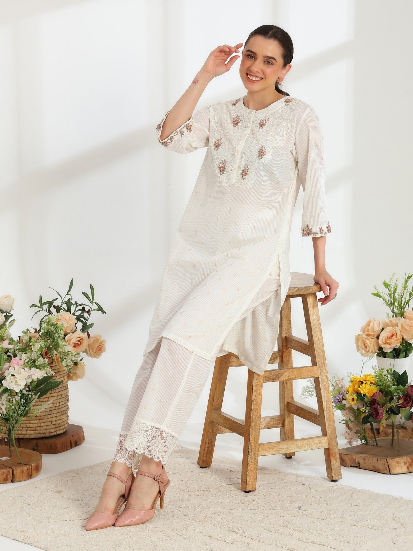 Lumiere Ivory Hand Embroidered French Lace Cotton Dobby Kurta Set