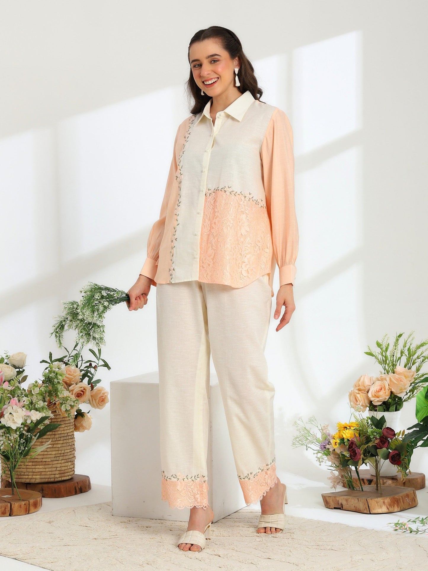 Floréa Peach Hand Embroidered French lace Silk Linen Co-ord Set