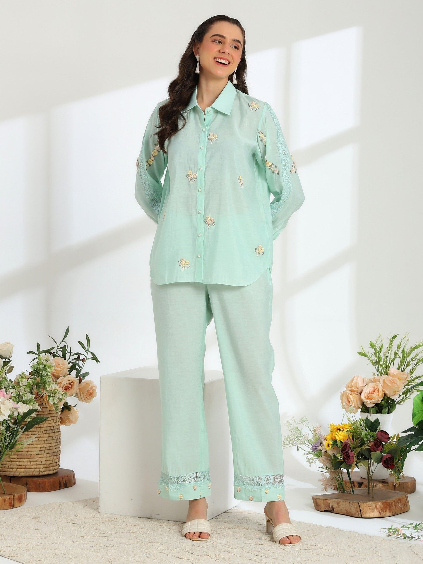 Spring Mint Hand Embroidered French Lace Silk Cotton Co-ord Set