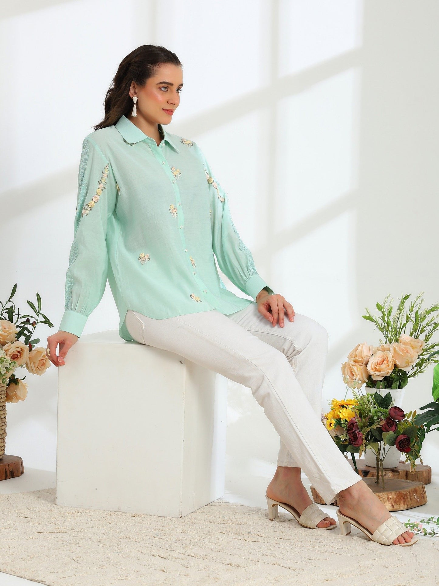 Hand Embroidered French Lace Silk Cotton Shirt