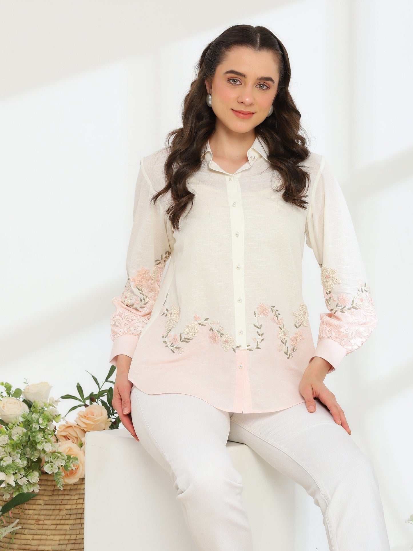 Cendre Pink Hand Embroidered French Lace Silk Linen Shirt