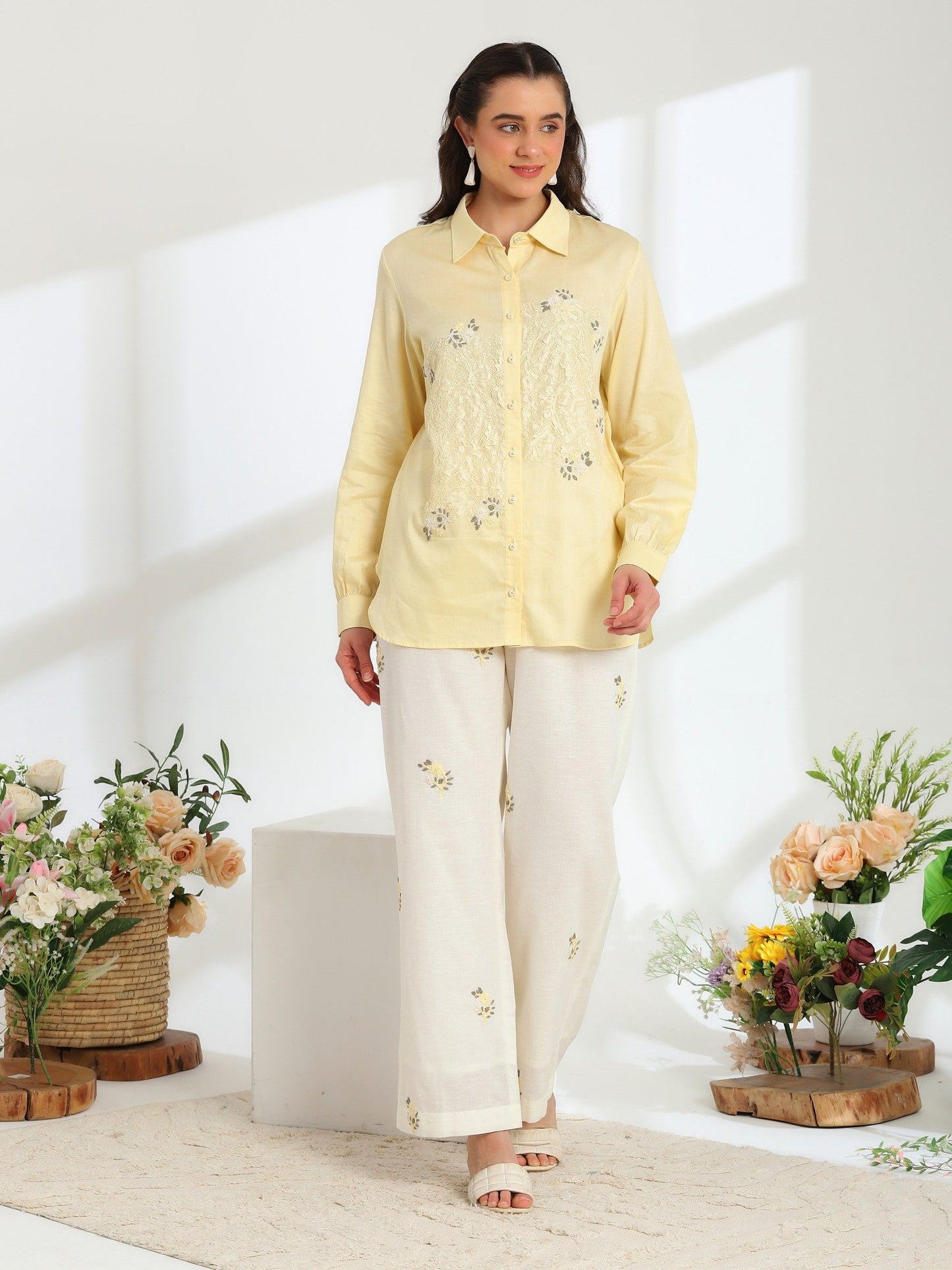 Hand Embroidered French lace Linen Cotton Co-ord set
