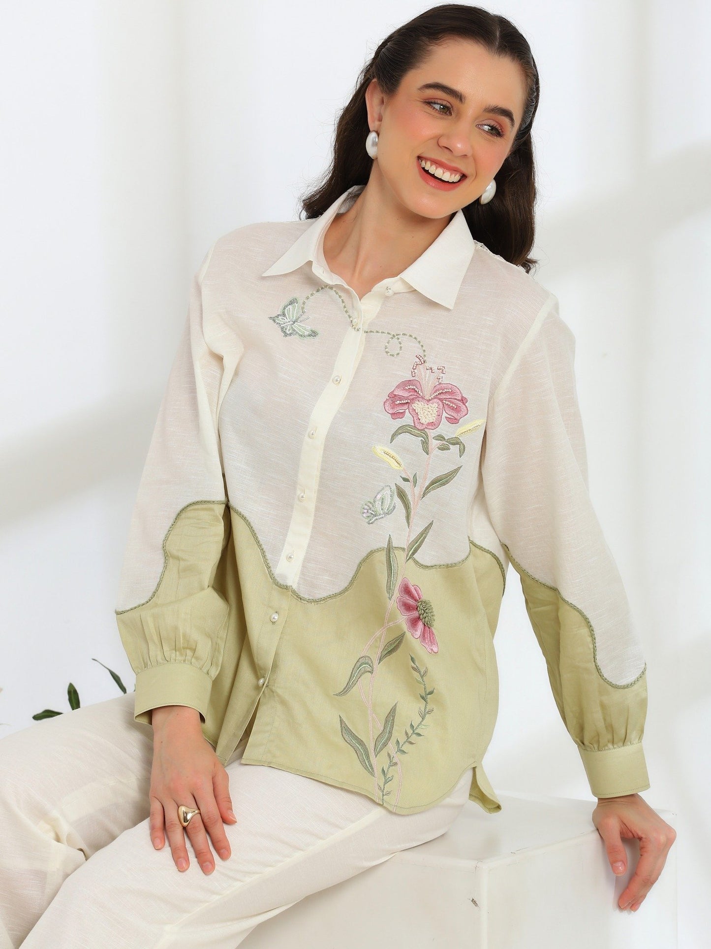 Ether Sage Green Embroidered French Lace Silk Linen Co-ord Set