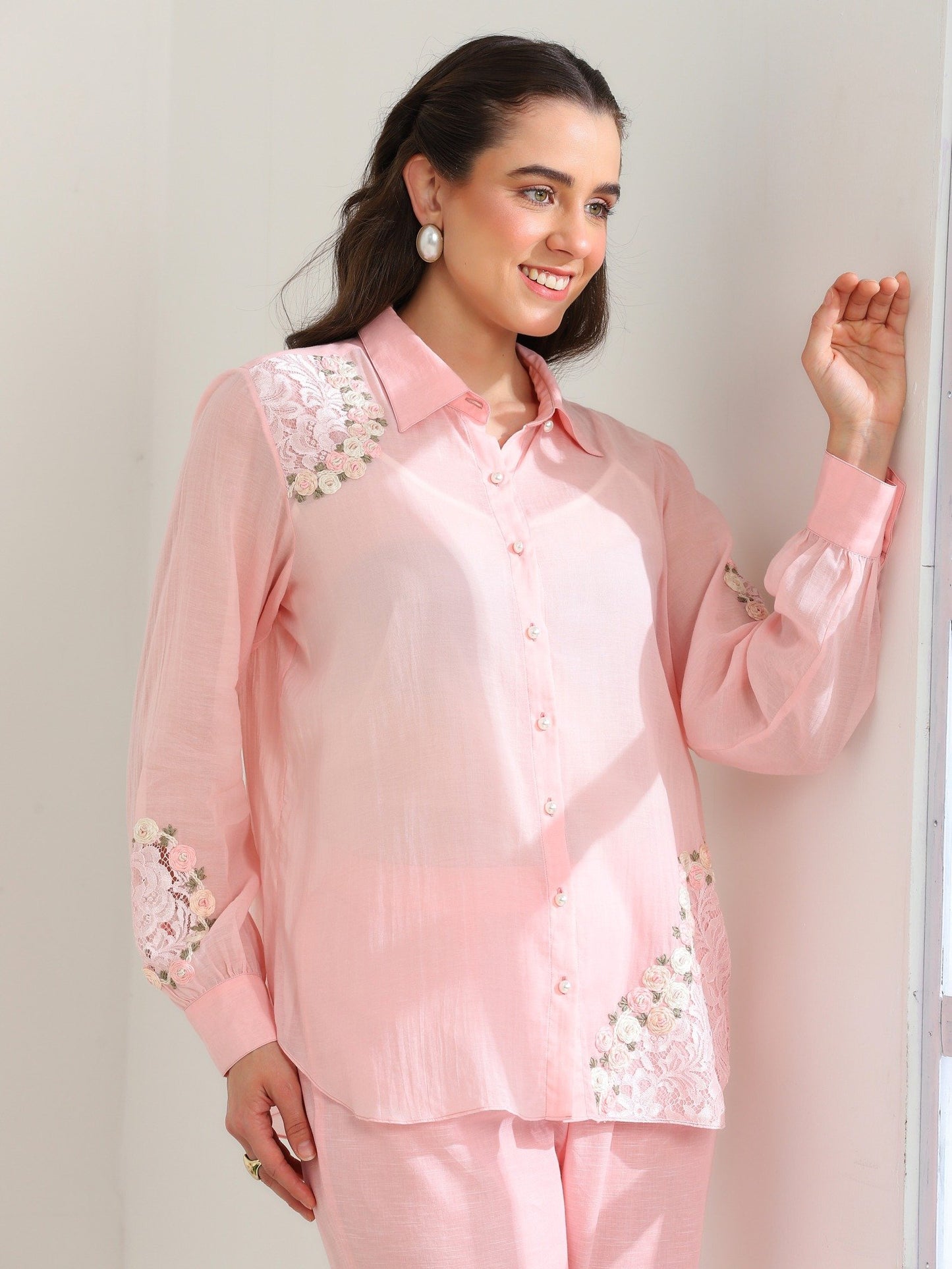 Pink Rose Garden Hand Embroidered French Lace Mul Linen Co-ord Set