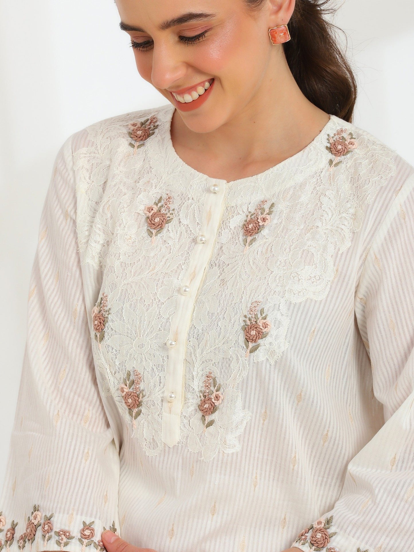 Lumiere Ivory Hand Embroidered French Lace Cotton Dobby Kurta Set